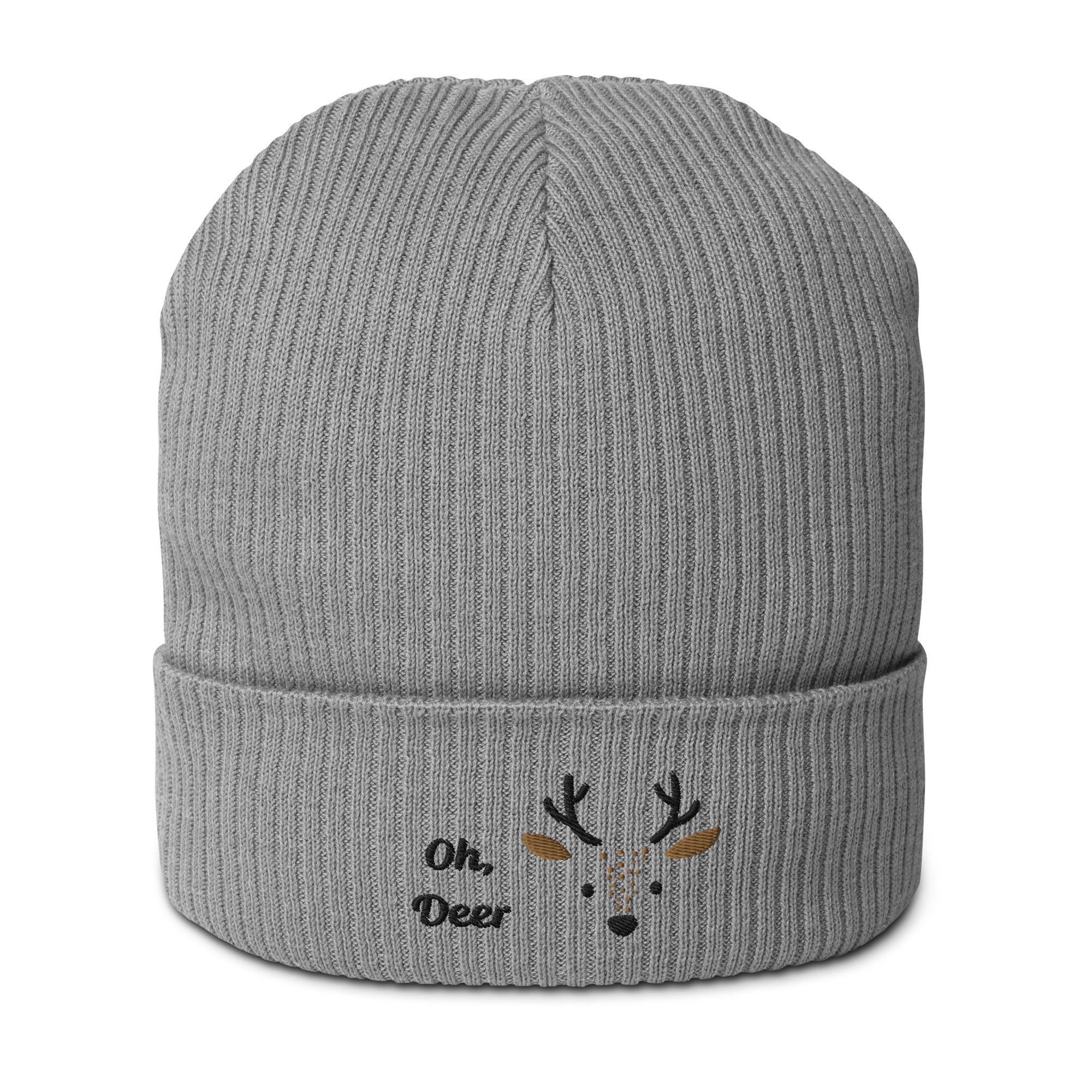 Cute deer embroidered organic ribbed beanie in soft cotton, featuring a whimsical deer design, perfect for winter wear.