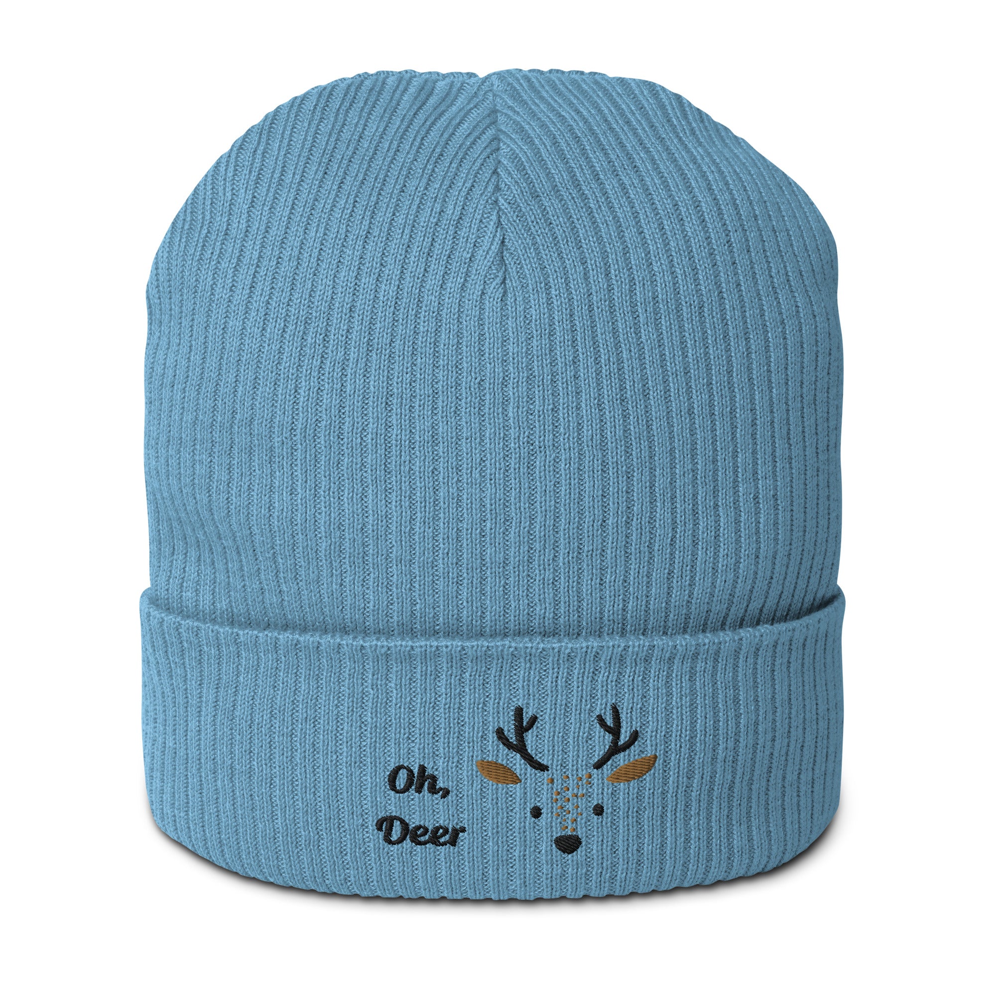 Cute deer embroidered organic ribbed beanie in soft cotton, featuring a whimsical deer design, perfect for winter wear.