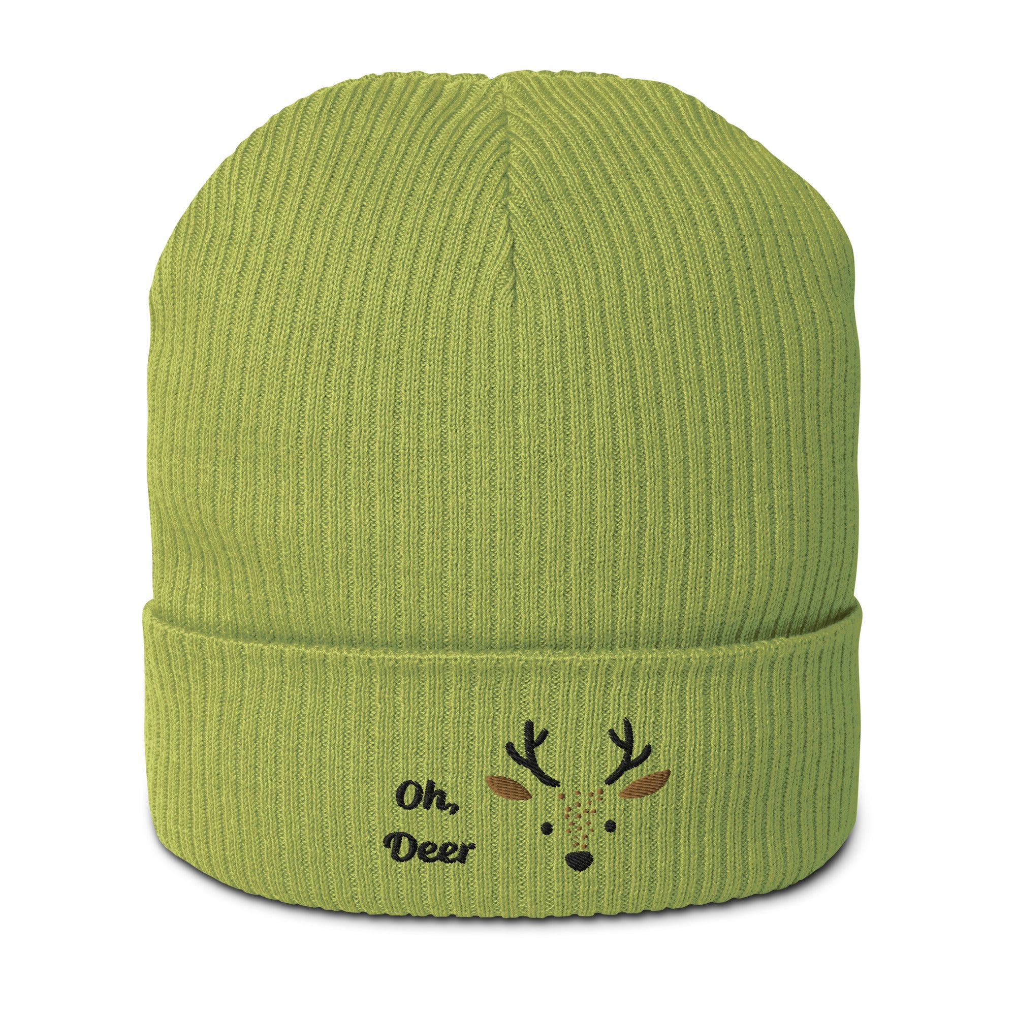 Cute deer embroidered organic ribbed beanie in soft cotton, featuring a whimsical deer design, perfect for winter wear.