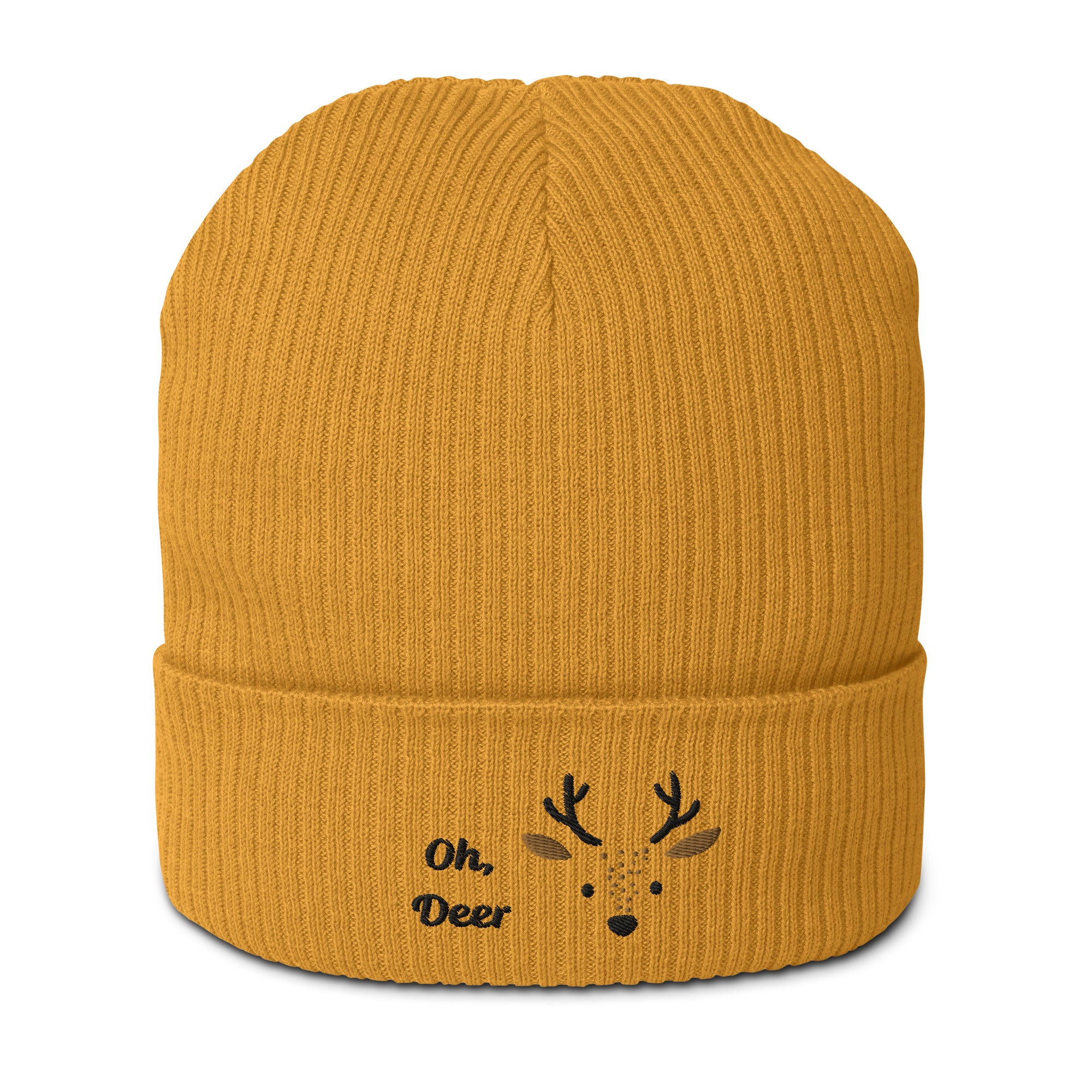 Cute deer embroidered organic ribbed beanie in soft cotton, featuring a whimsical deer design, perfect for winter wear.