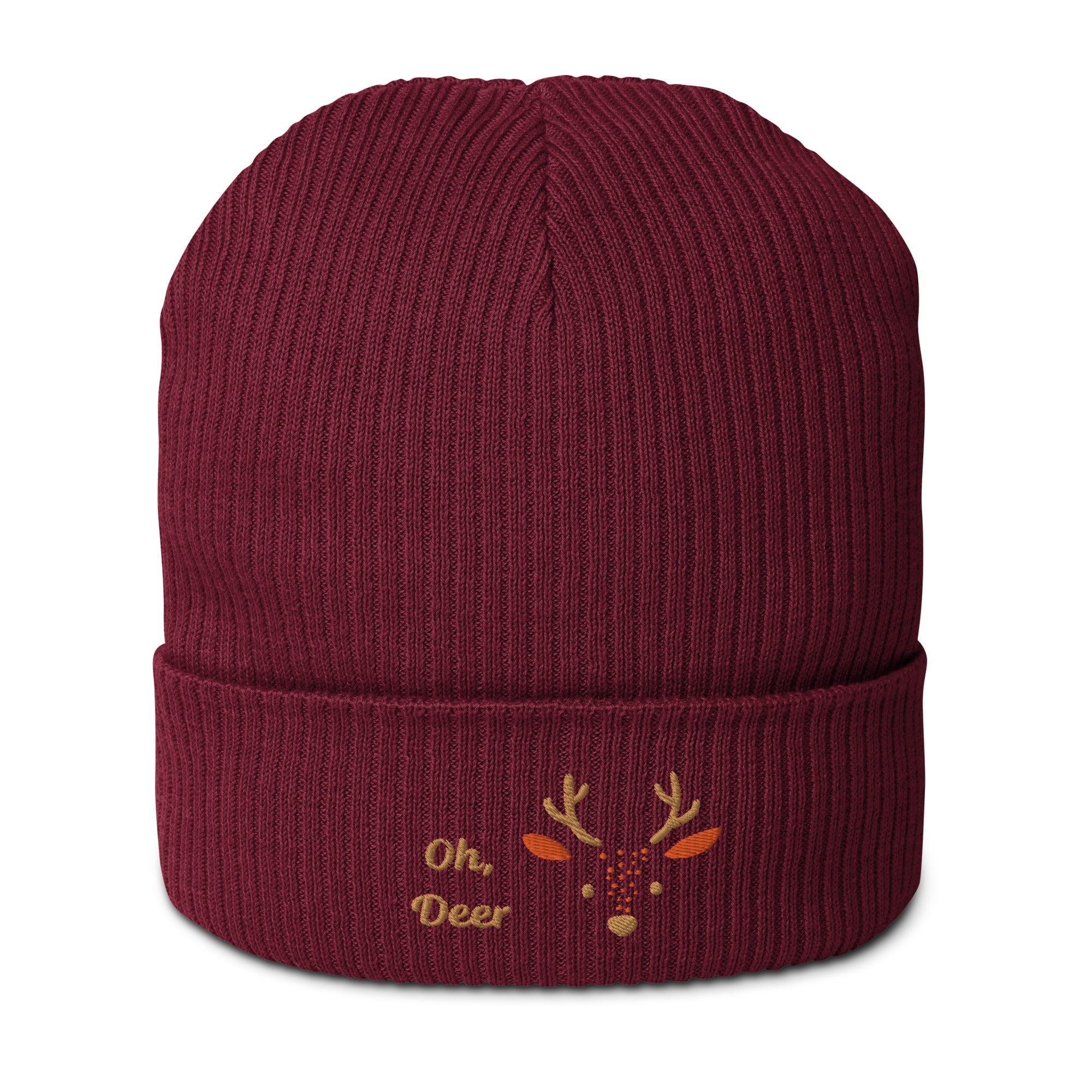 Cute deer embroidered organic ribbed beanie in soft cotton, featuring a whimsical deer design, perfect for winter wear.