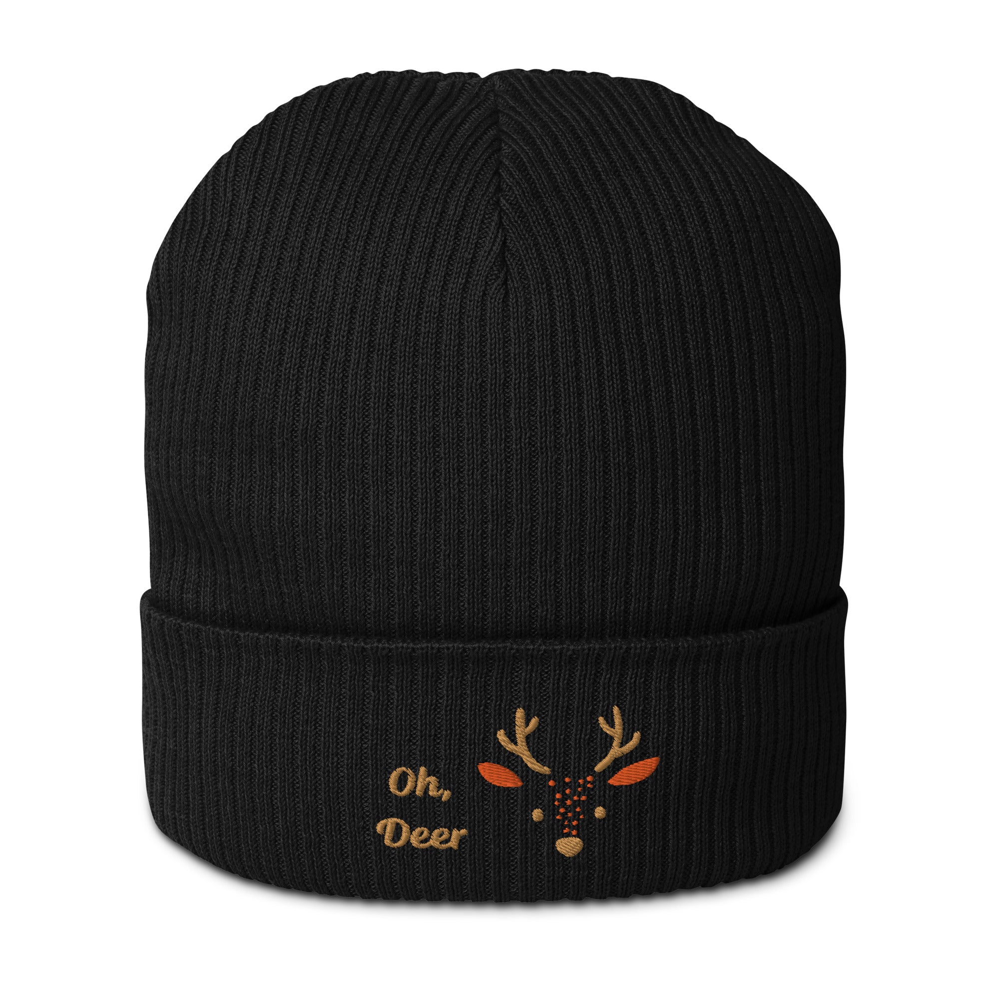 Cute deer embroidered organic ribbed beanie in soft cotton, featuring a whimsical deer design, perfect for winter wear.