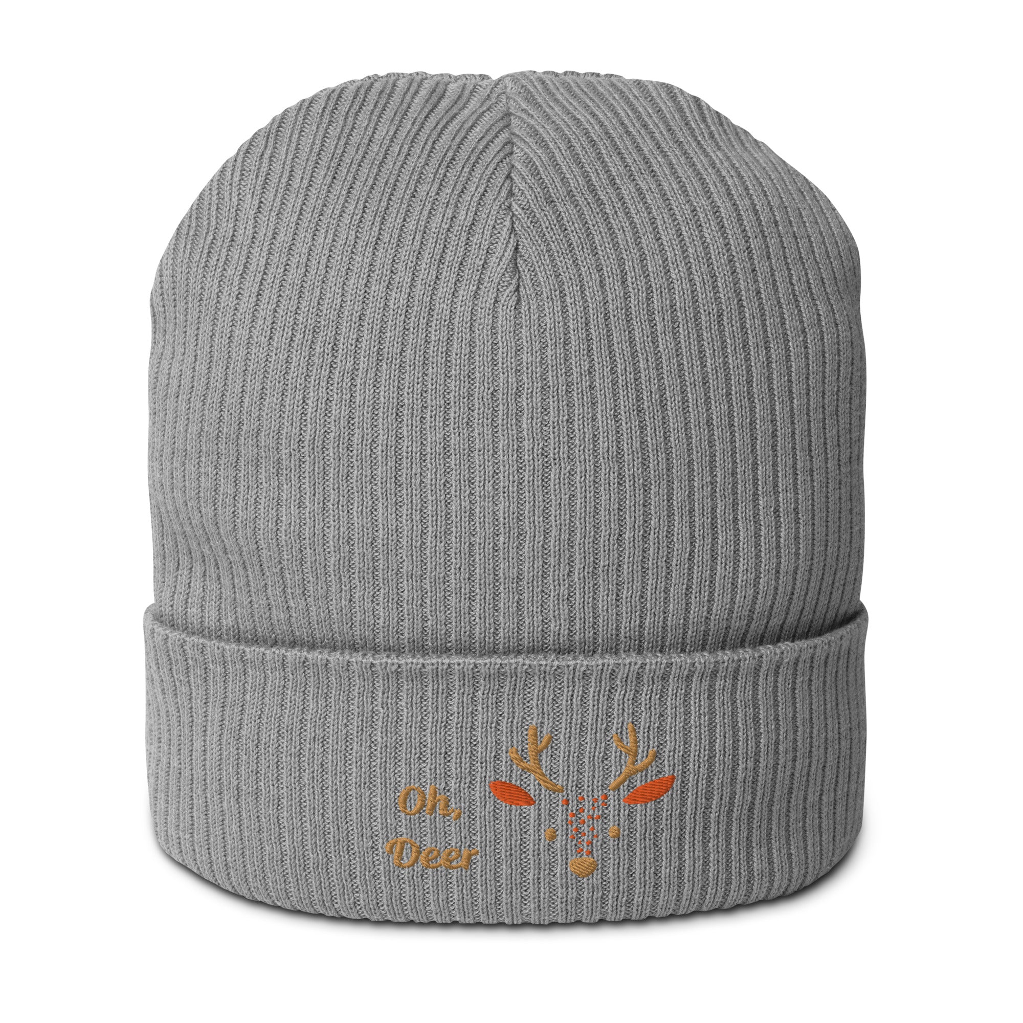 Cute deer embroidered organic ribbed beanie in soft cotton, featuring a whimsical deer design, perfect for winter wear.