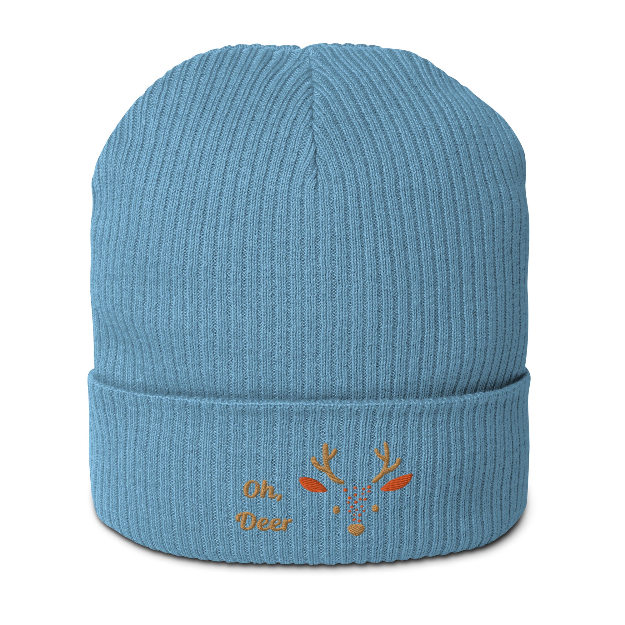 Cute deer embroidered organic ribbed beanie in soft cotton, featuring a whimsical deer design, perfect for winter wear.