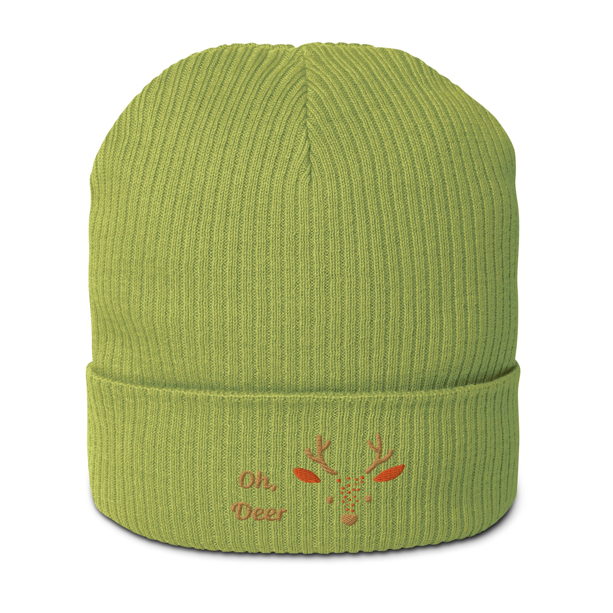 Cute deer embroidered organic ribbed beanie in soft cotton, featuring a whimsical deer design, perfect for winter wear.