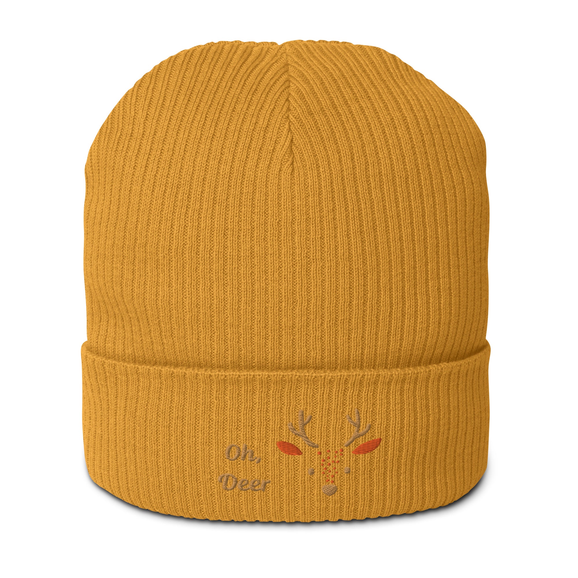 Cute deer embroidered organic ribbed beanie in soft cotton, featuring a whimsical deer design, perfect for winter wear.