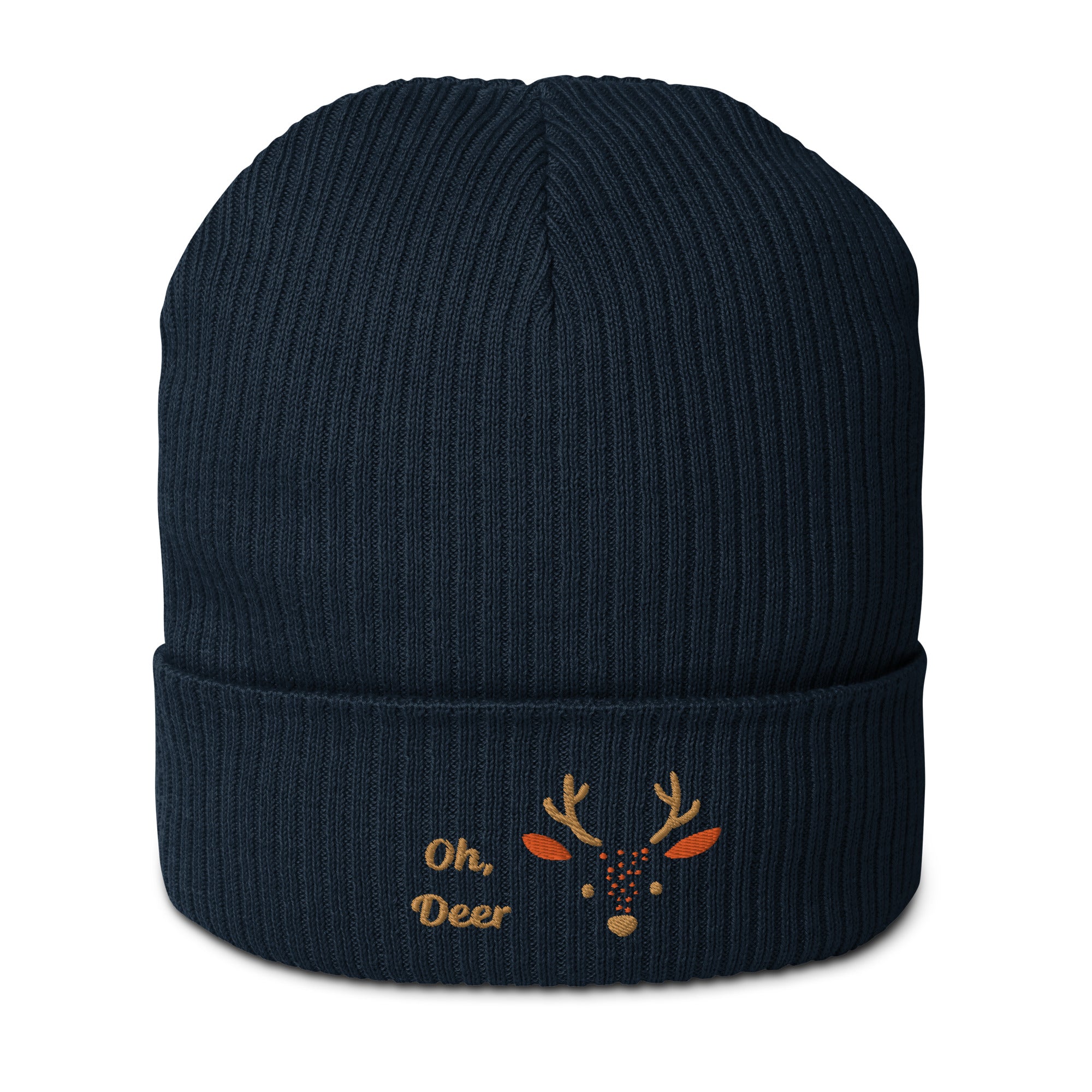Cute deer embroidered organic ribbed beanie in soft cotton, featuring a whimsical deer design, perfect for winter wear.