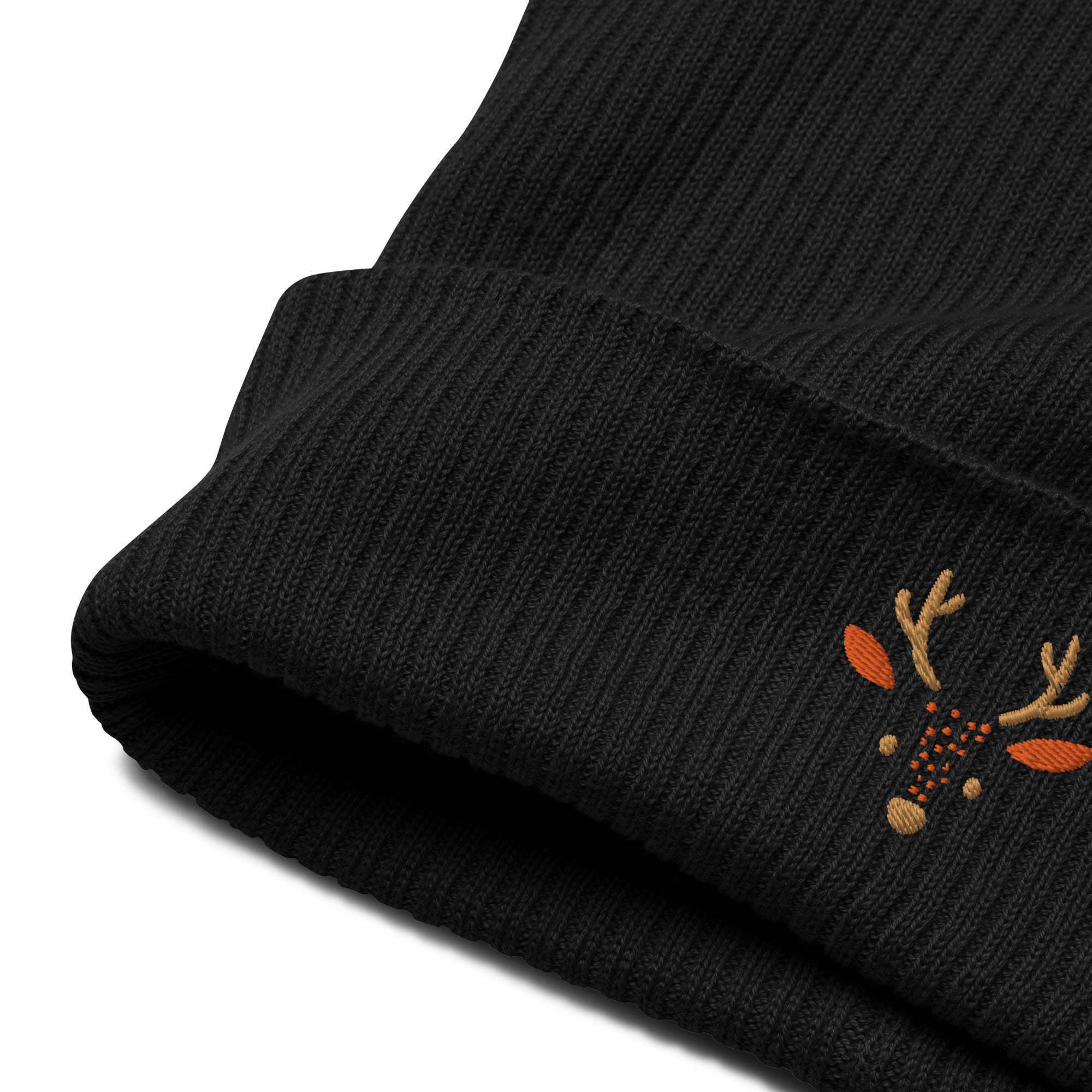 Cute deer embroidered organic ribbed beanie in soft cotton, featuring a whimsical deer design, perfect for winter wear.