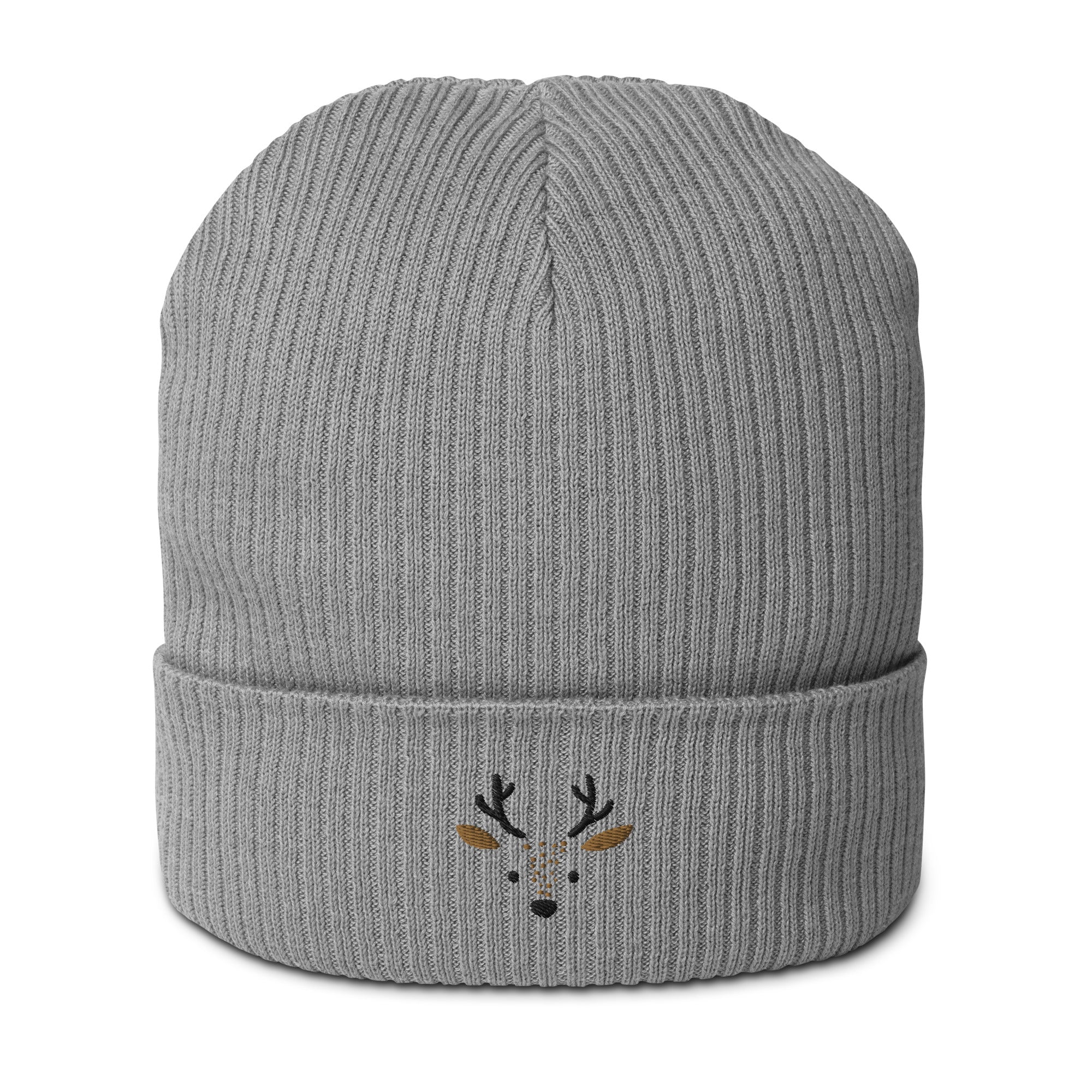 Cute deer embroidered organic ribbed beanie in soft cotton, featuring a whimsical deer design, perfect for winter wear.