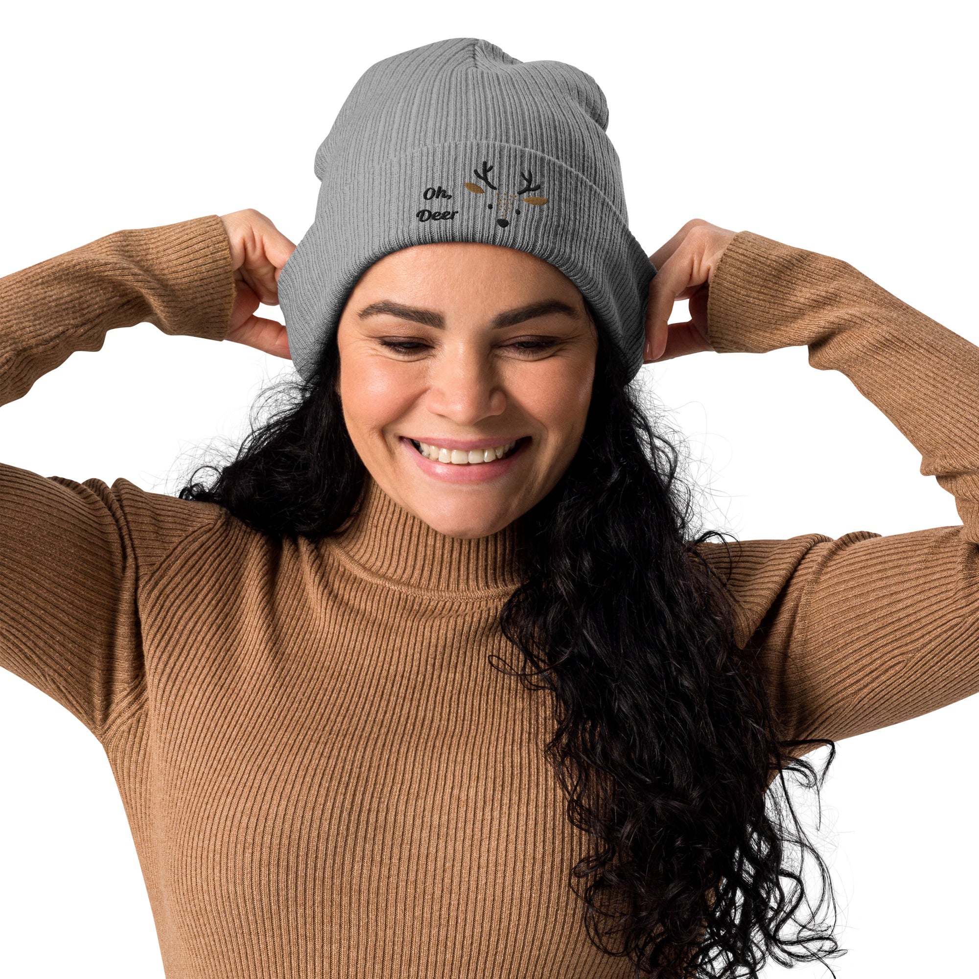 Cute deer embroidered organic ribbed beanie in soft cotton, featuring a whimsical deer design, perfect for winter wear.