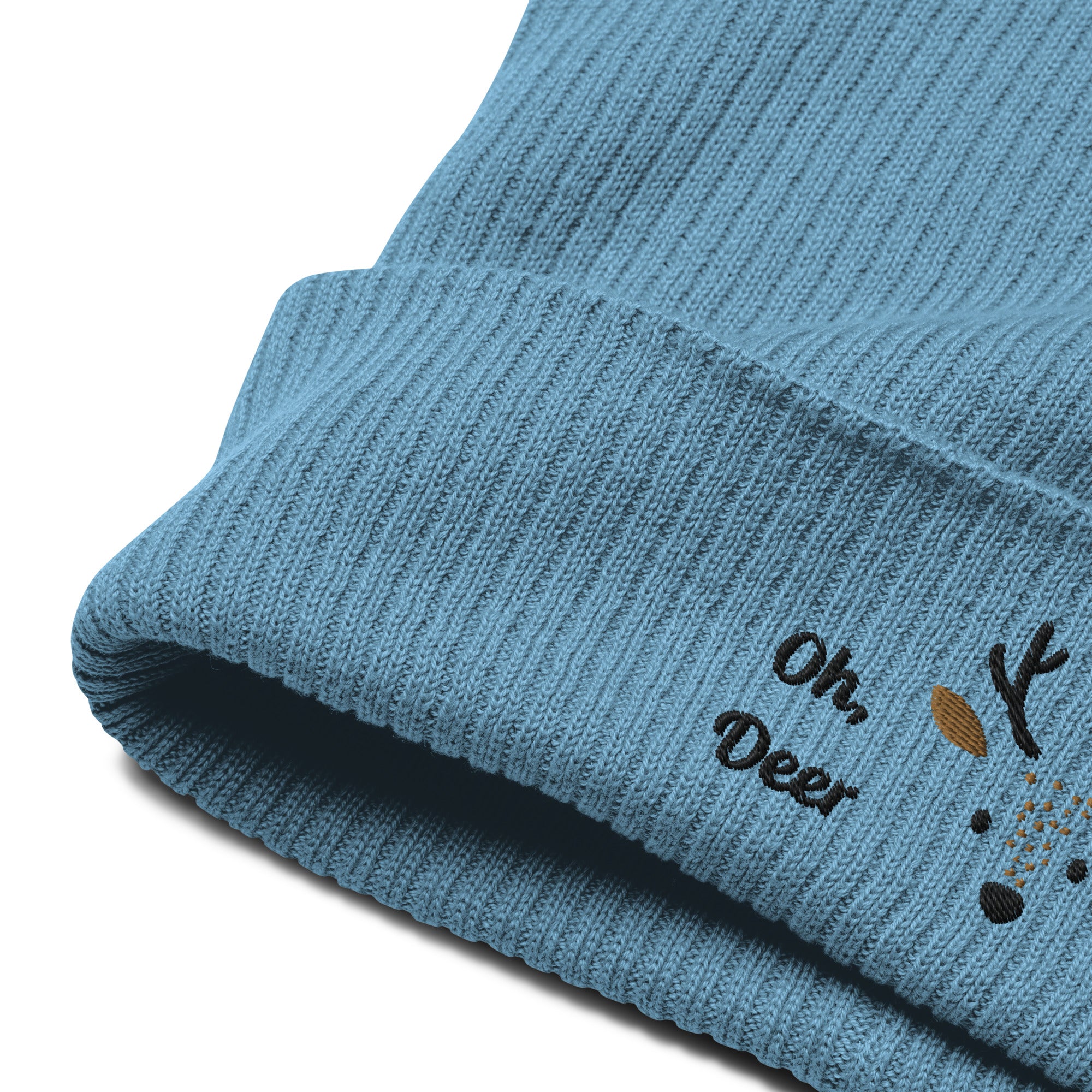 Cute deer embroidered organic ribbed beanie in soft cotton, featuring a whimsical deer design, perfect for winter wear.