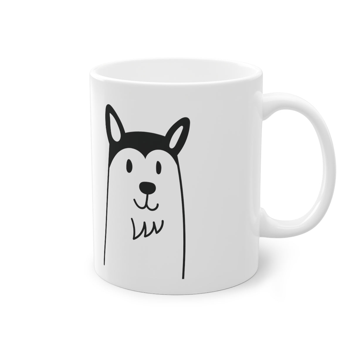Cute Husky mug with glossy finish, white ceramic, 325 ml capacity, featuring a charming dog print and C-shaped handle.
