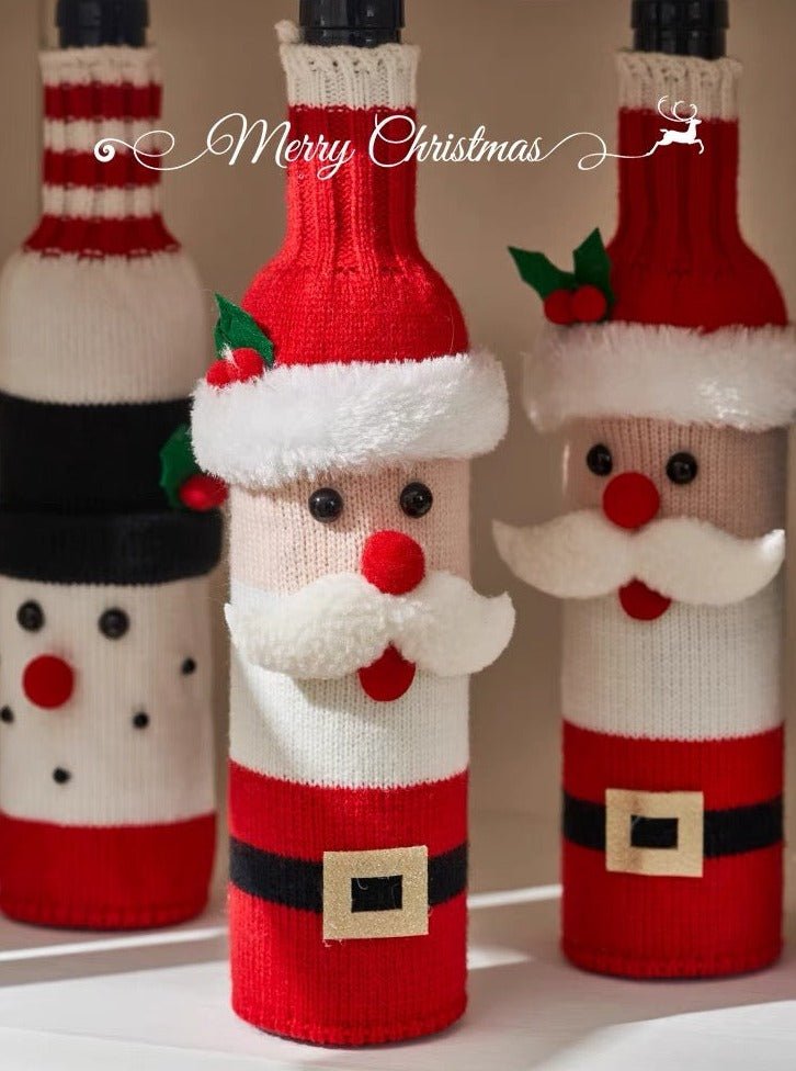 Set of three knitted Christmas wine bottle covers featuring Santa, Rudolph, and a Snowman, perfect for holiday decor.