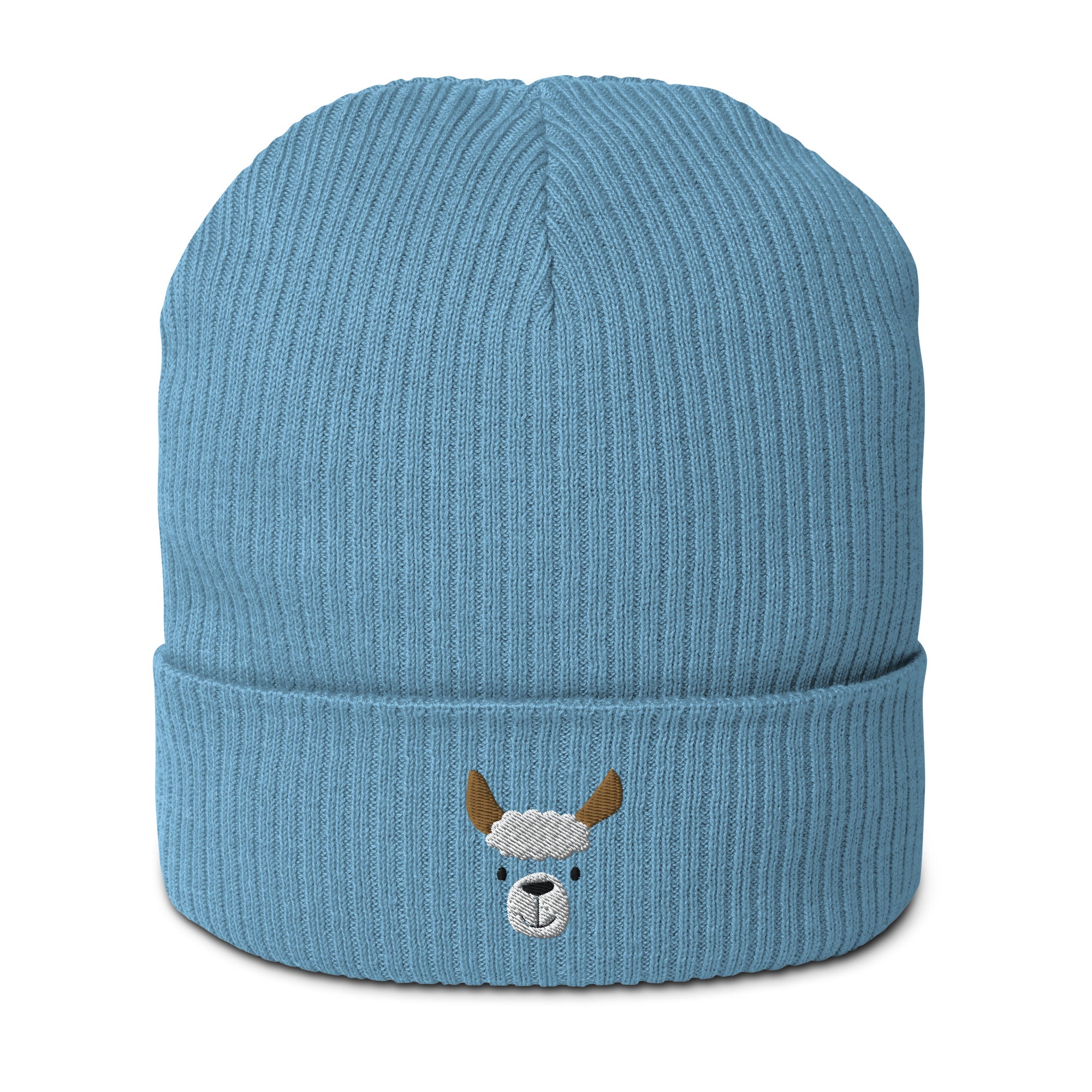 Cute llama embroidered organic ribbed beanie in soft cotton, featuring a cuffed design and personalized text options.