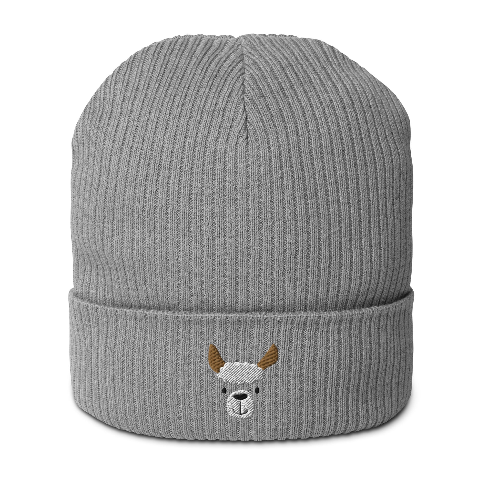 Cute llama embroidered organic ribbed beanie in soft cotton, featuring a cuffed design and personalized text options.