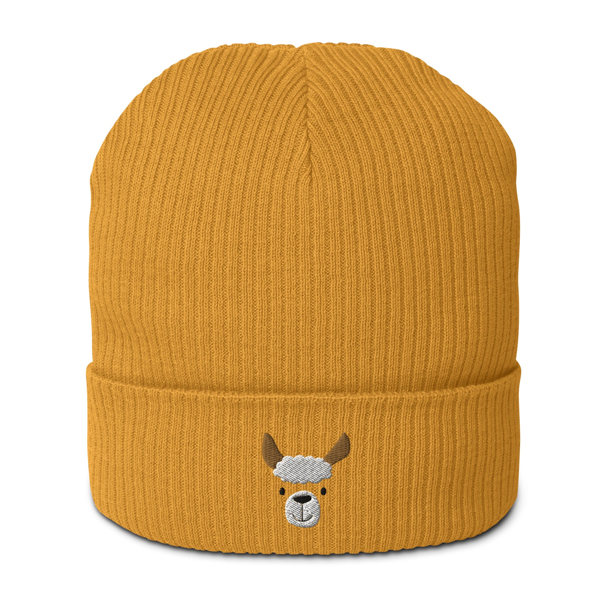 Cute llama embroidered organic ribbed beanie in soft cotton, featuring a cuffed design and personalized text options.