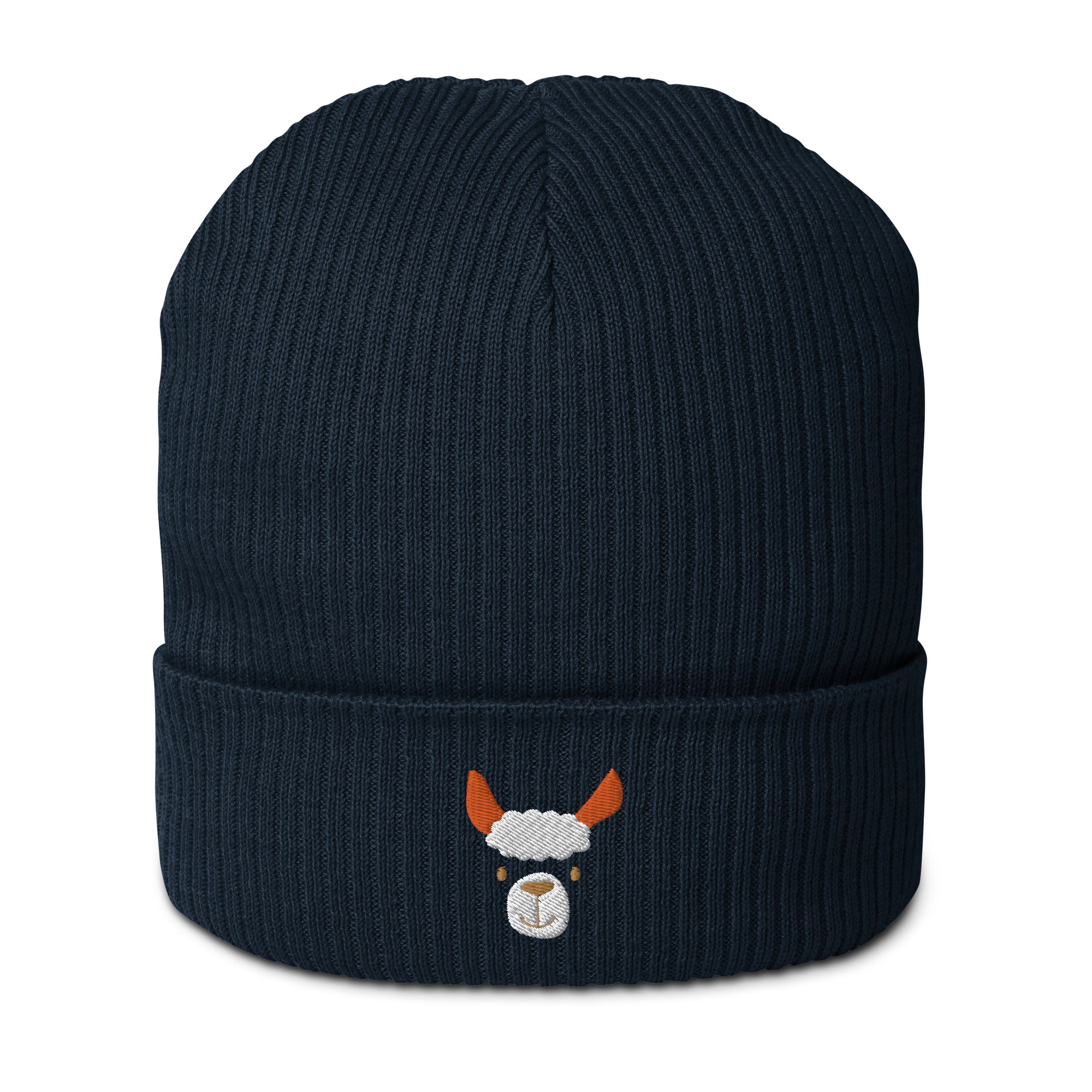 Cute llama embroidered organic ribbed beanie in soft cotton, featuring a cuffed design and personalized text options.