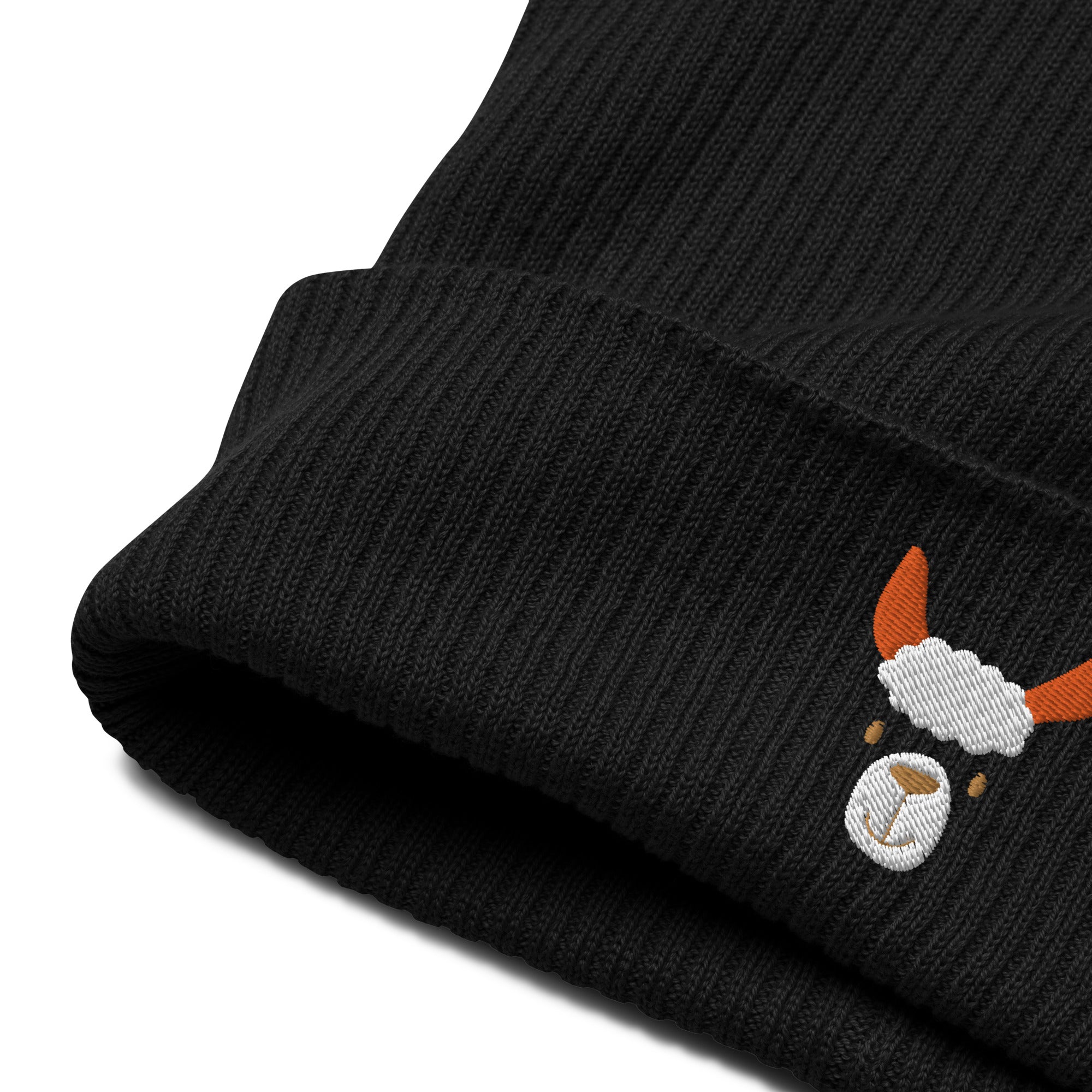 Cute llama embroidered organic ribbed beanie in soft cotton, featuring a cuffed design and personalized text options.