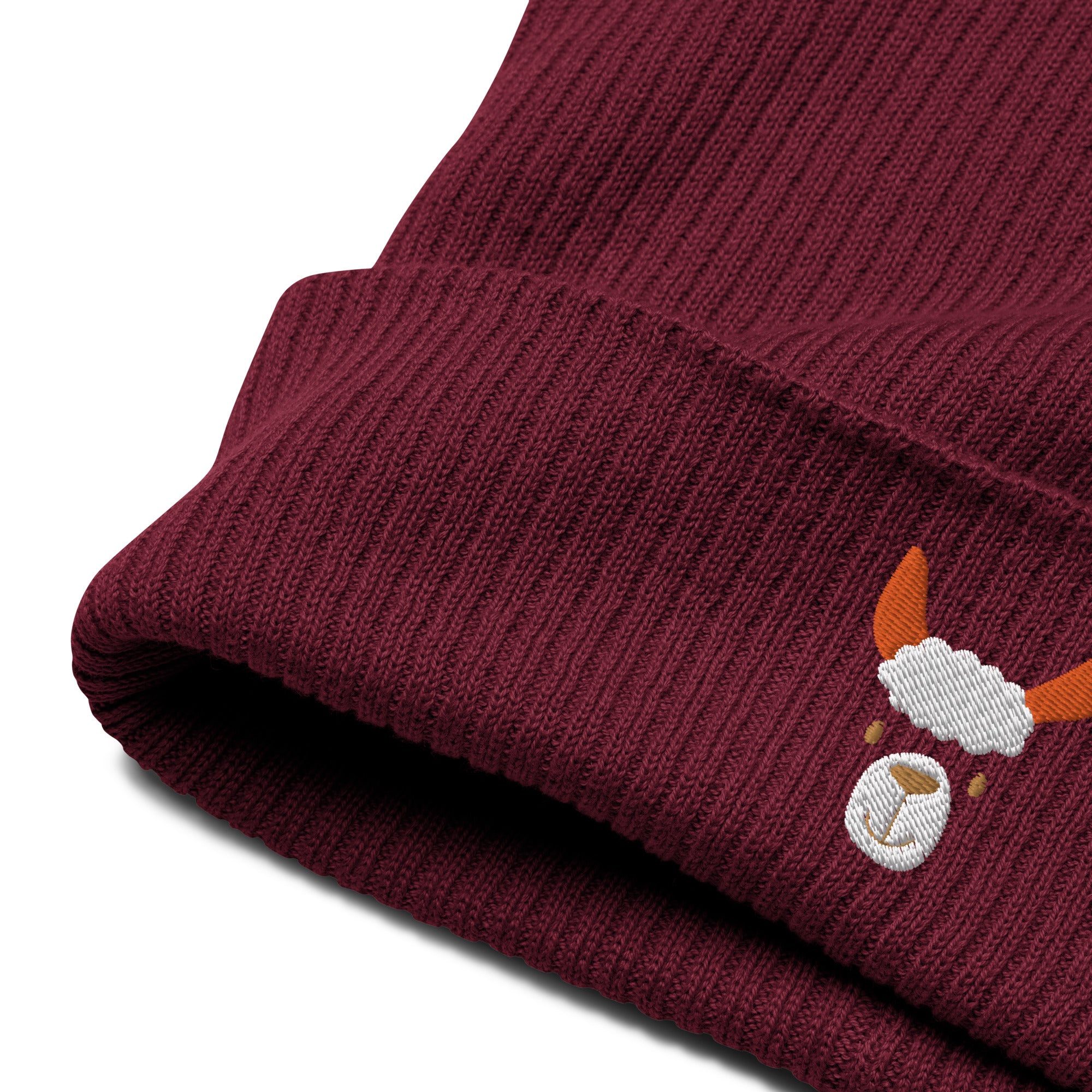 Cute llama embroidered organic ribbed beanie in soft cotton, featuring a cuffed design and personalized text options.