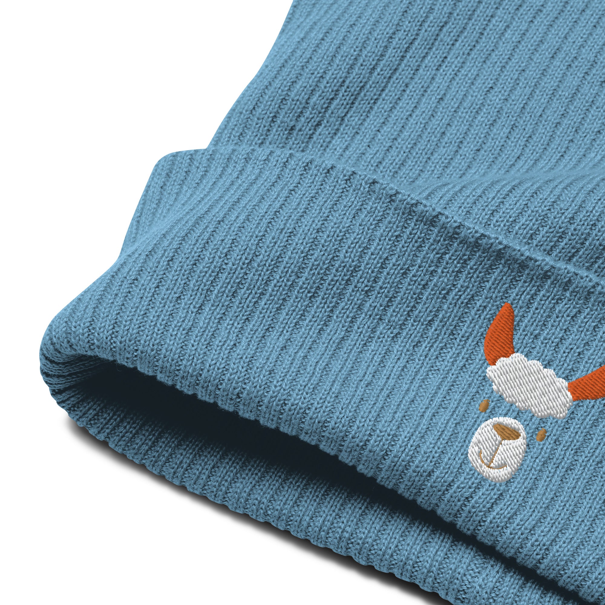 Cute llama embroidered organic ribbed beanie in soft cotton, featuring a cuffed design and personalized text options.