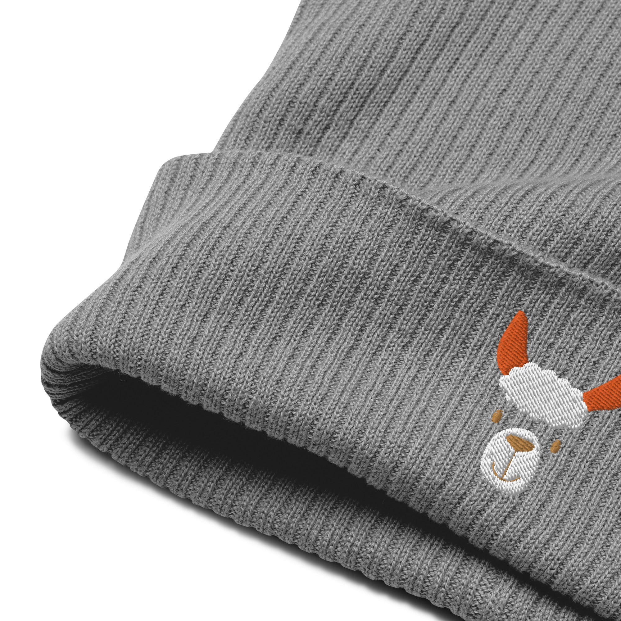 Cute llama embroidered organic ribbed beanie in soft cotton, featuring a cuffed design and personalized text options.