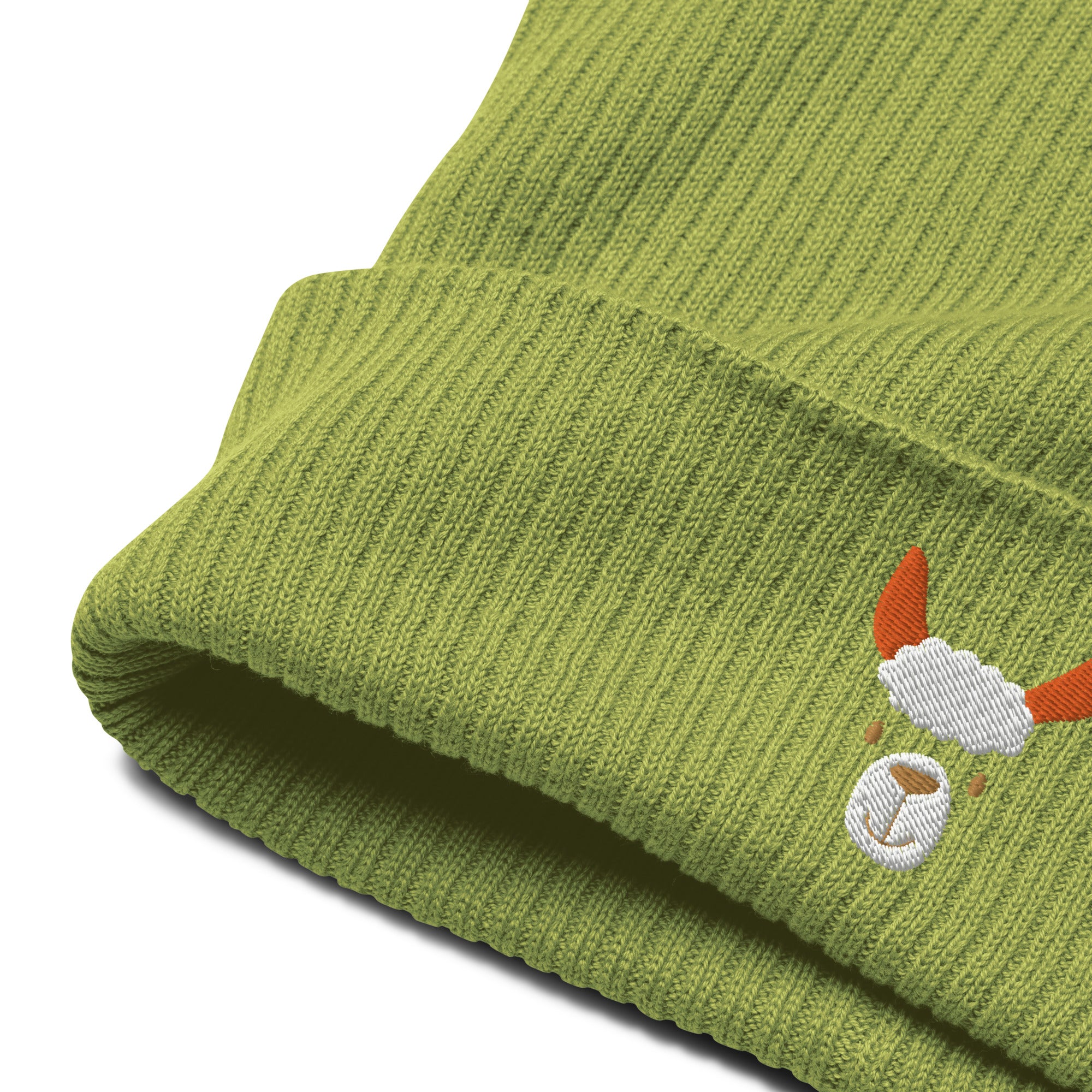 Cute llama embroidered organic ribbed beanie in soft cotton, featuring a cuffed design and personalized text options.