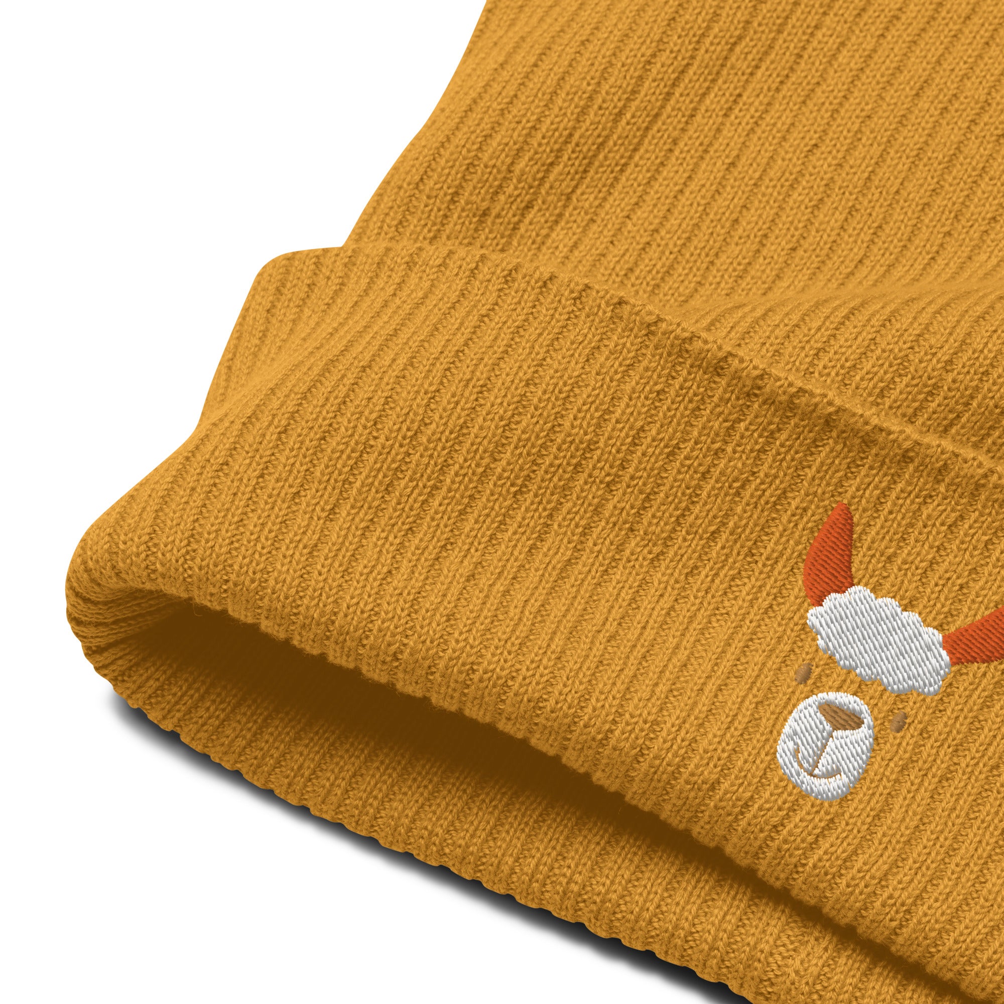Cute llama embroidered organic ribbed beanie in soft cotton, featuring a cuffed design and personalized text options.