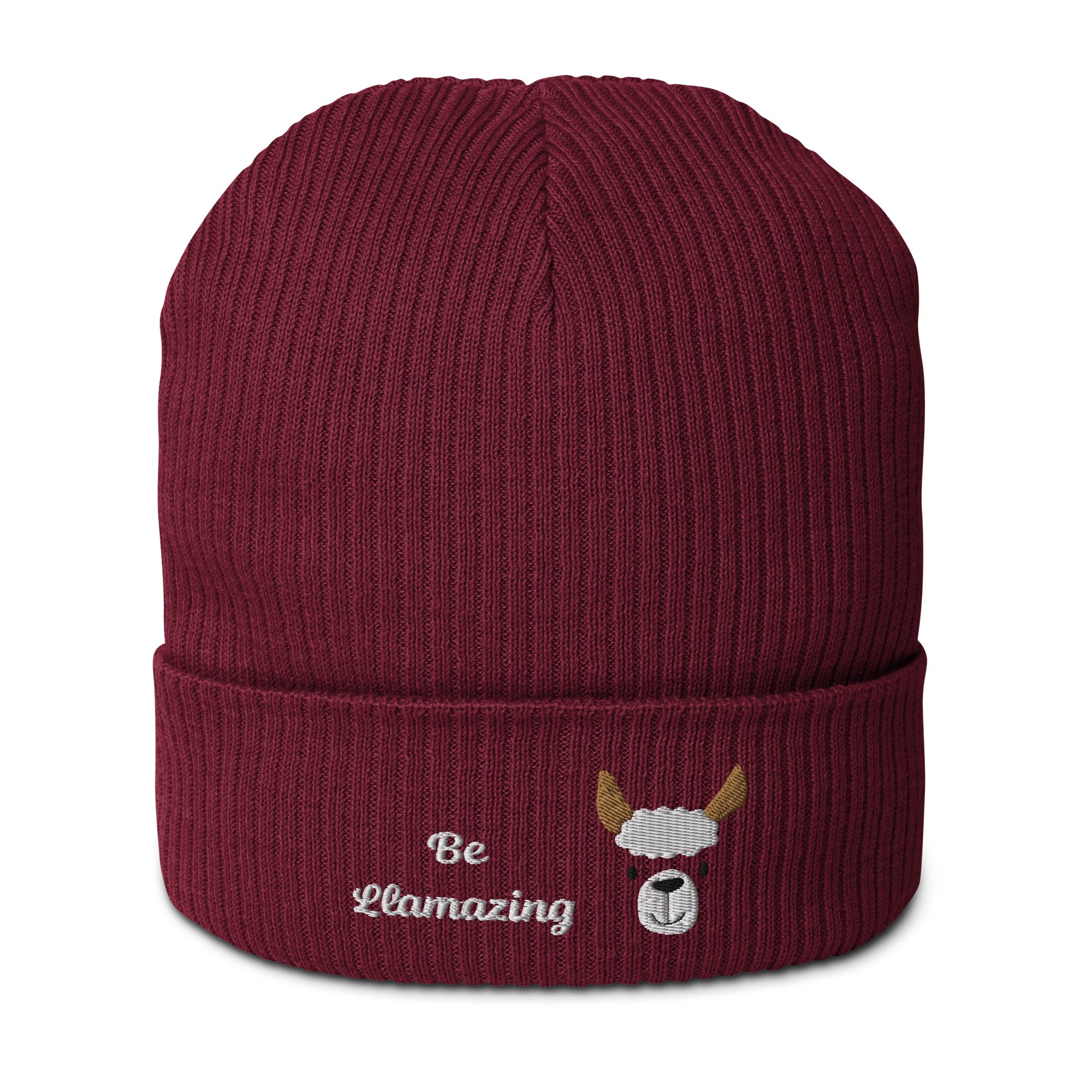 Cute llama embroidered organic ribbed beanie in soft cotton, featuring a cuffed design and personalized text options.