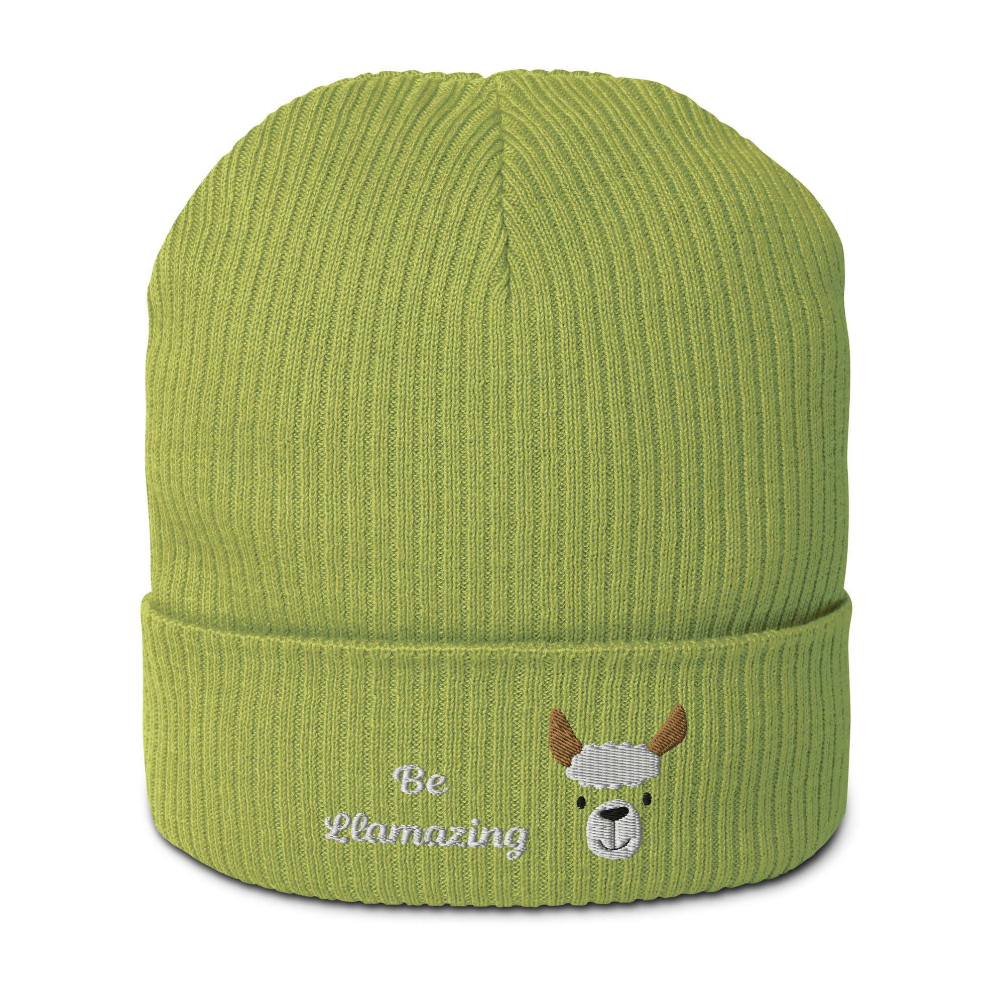 Cute llama embroidered organic ribbed beanie in soft cotton, featuring a cuffed design and personalized text options.