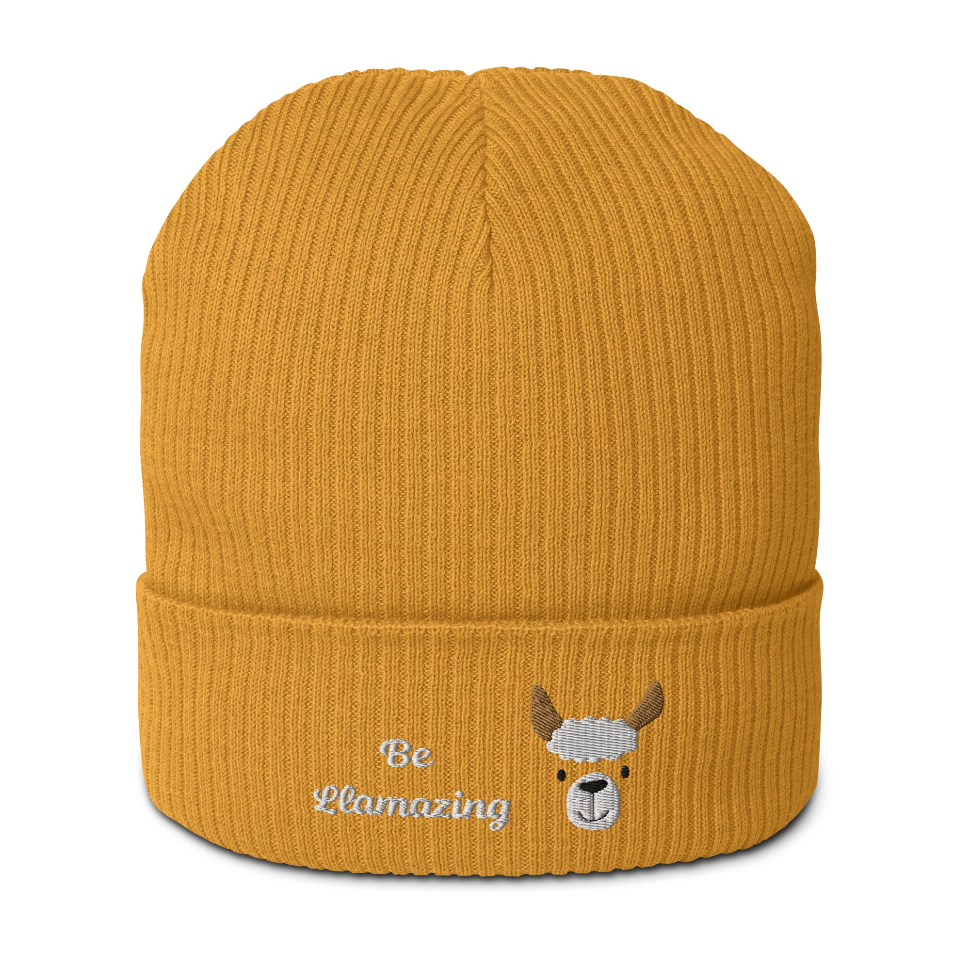 Cute llama embroidered organic ribbed beanie in soft cotton, featuring a cuffed design and personalized text options.