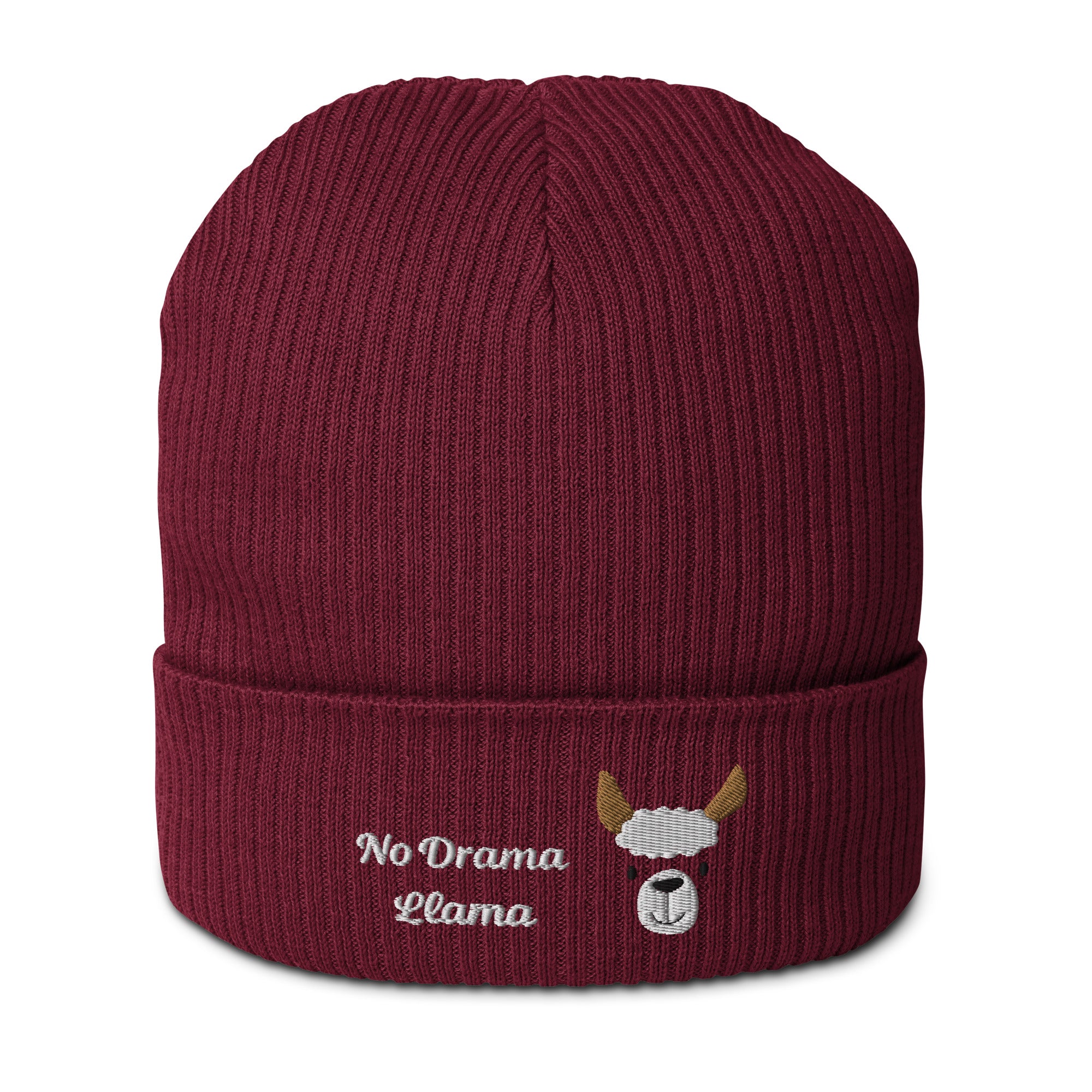 Cute llama embroidered organic ribbed beanie in soft cotton, featuring a cuffed design and personalized text options.