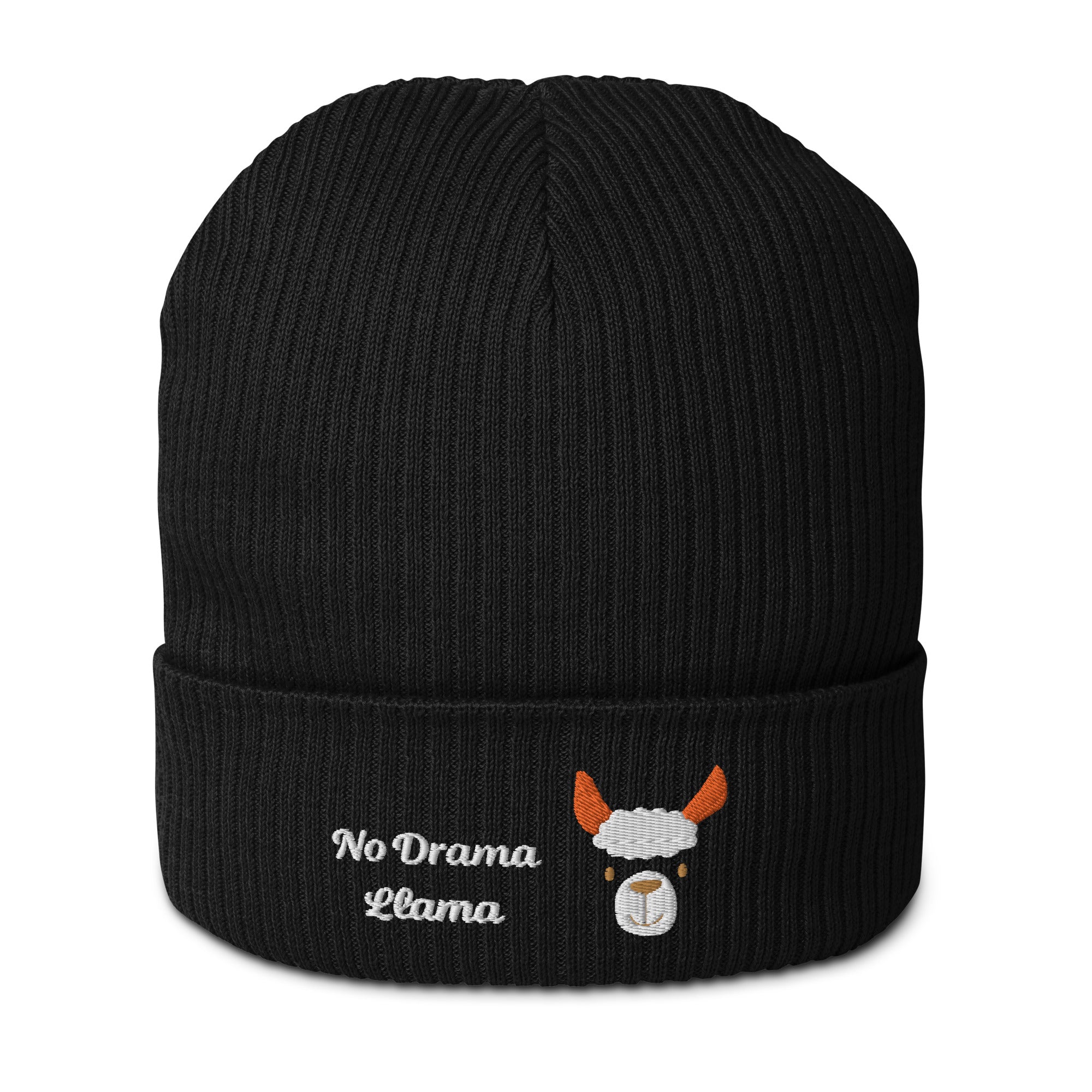 Cute llama embroidered organic ribbed beanie in soft cotton, featuring a cuffed design and personalized text options.