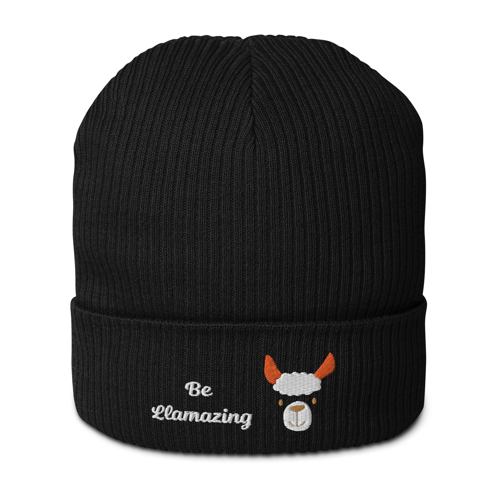 Cute llama embroidered organic ribbed beanie in soft cotton, featuring a cuffed design and personalized text options.