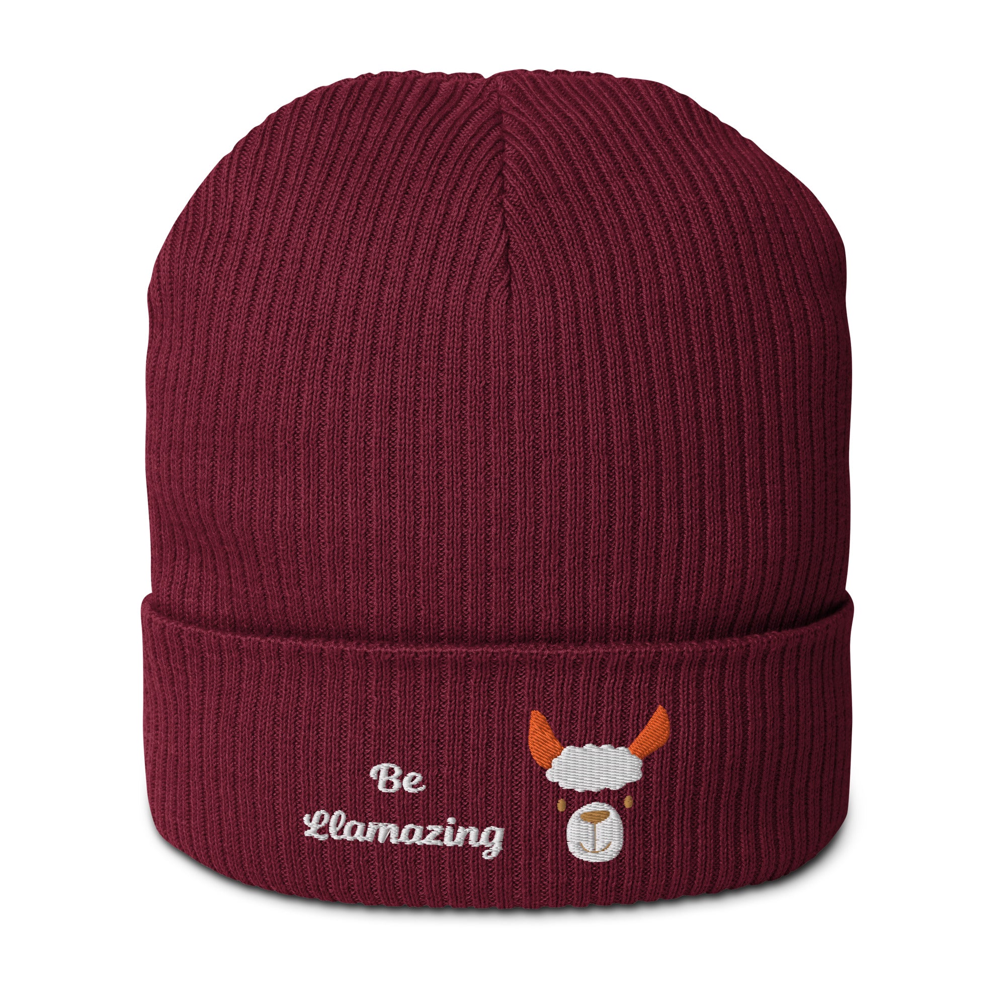 Cute llama embroidered organic ribbed beanie in soft cotton, featuring a cuffed design and personalized text options.