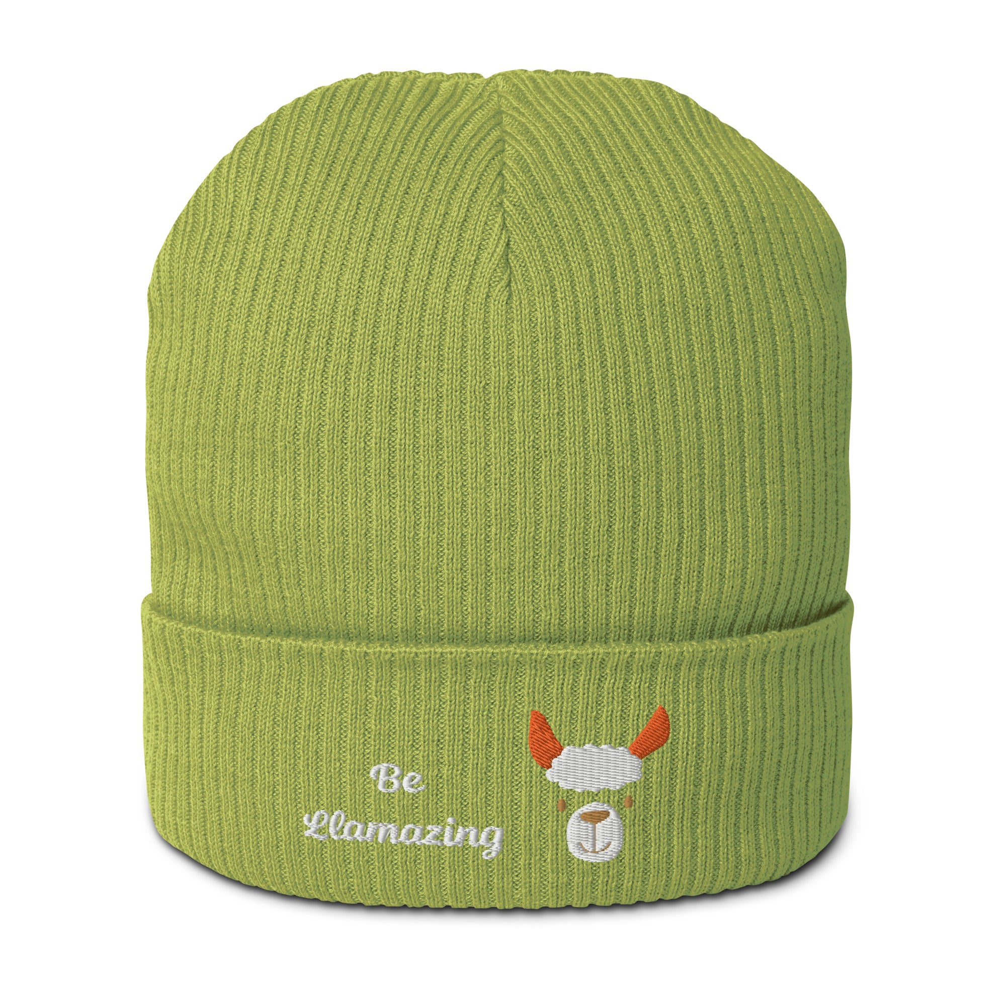 Cute llama embroidered organic ribbed beanie in soft cotton, featuring a cuffed design and personalized text options.