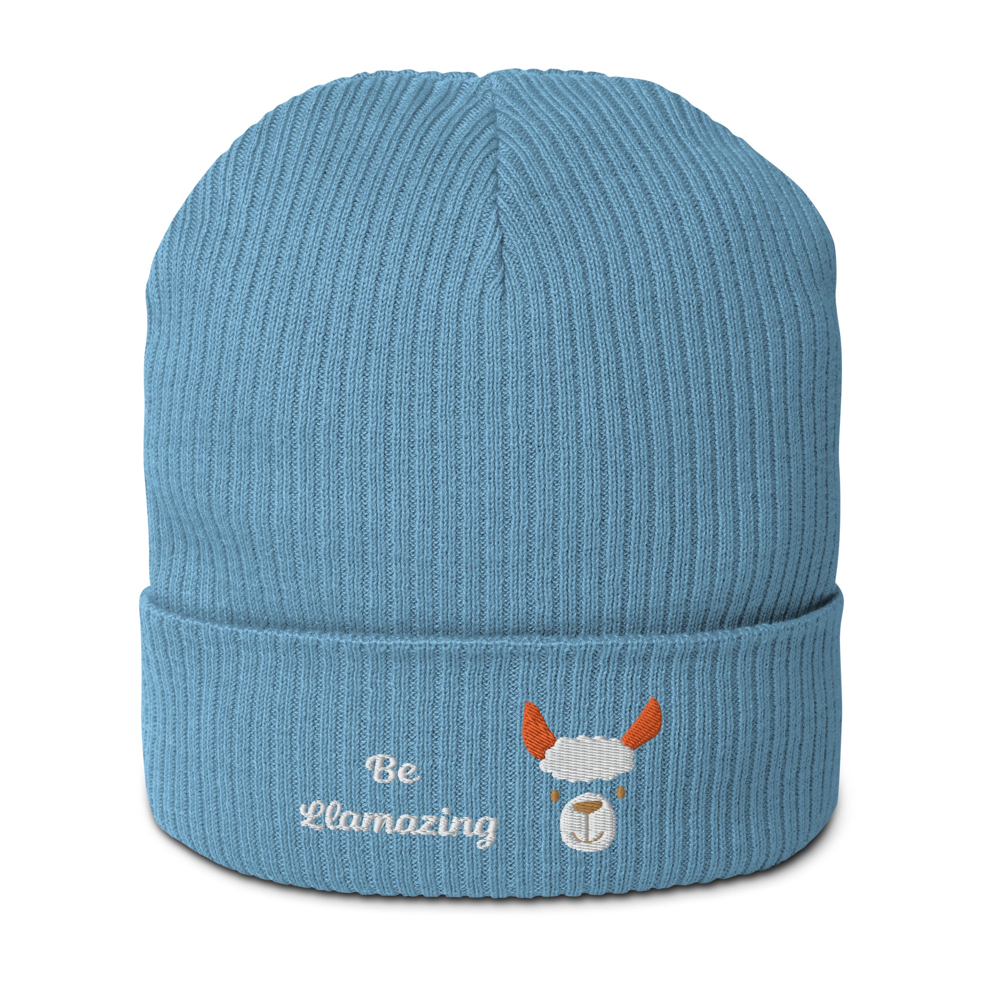 Cute llama embroidered organic ribbed beanie in soft cotton, featuring a cuffed design and personalized text options.
