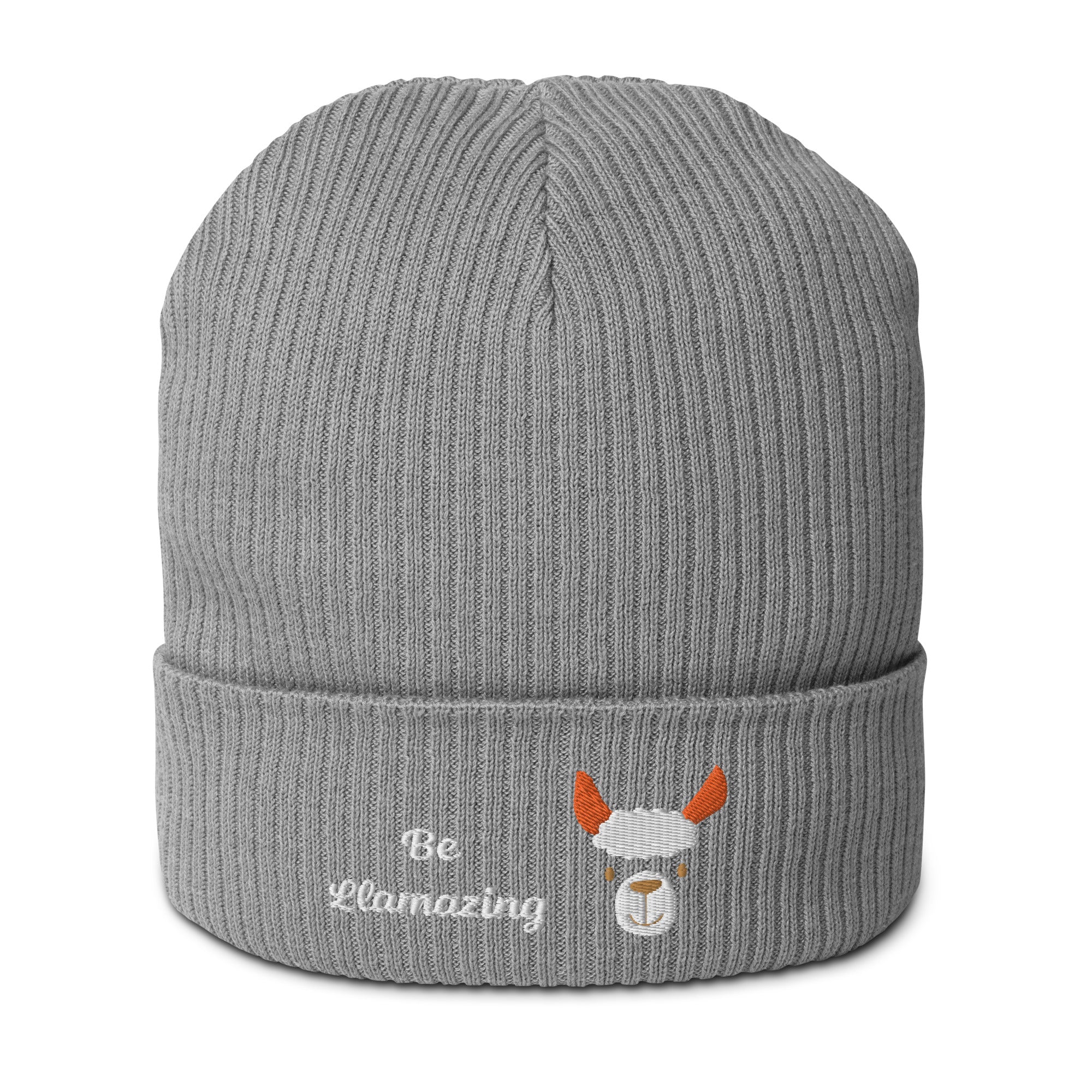 Cute llama embroidered organic ribbed beanie in soft cotton, featuring a cuffed design and personalized text options.
