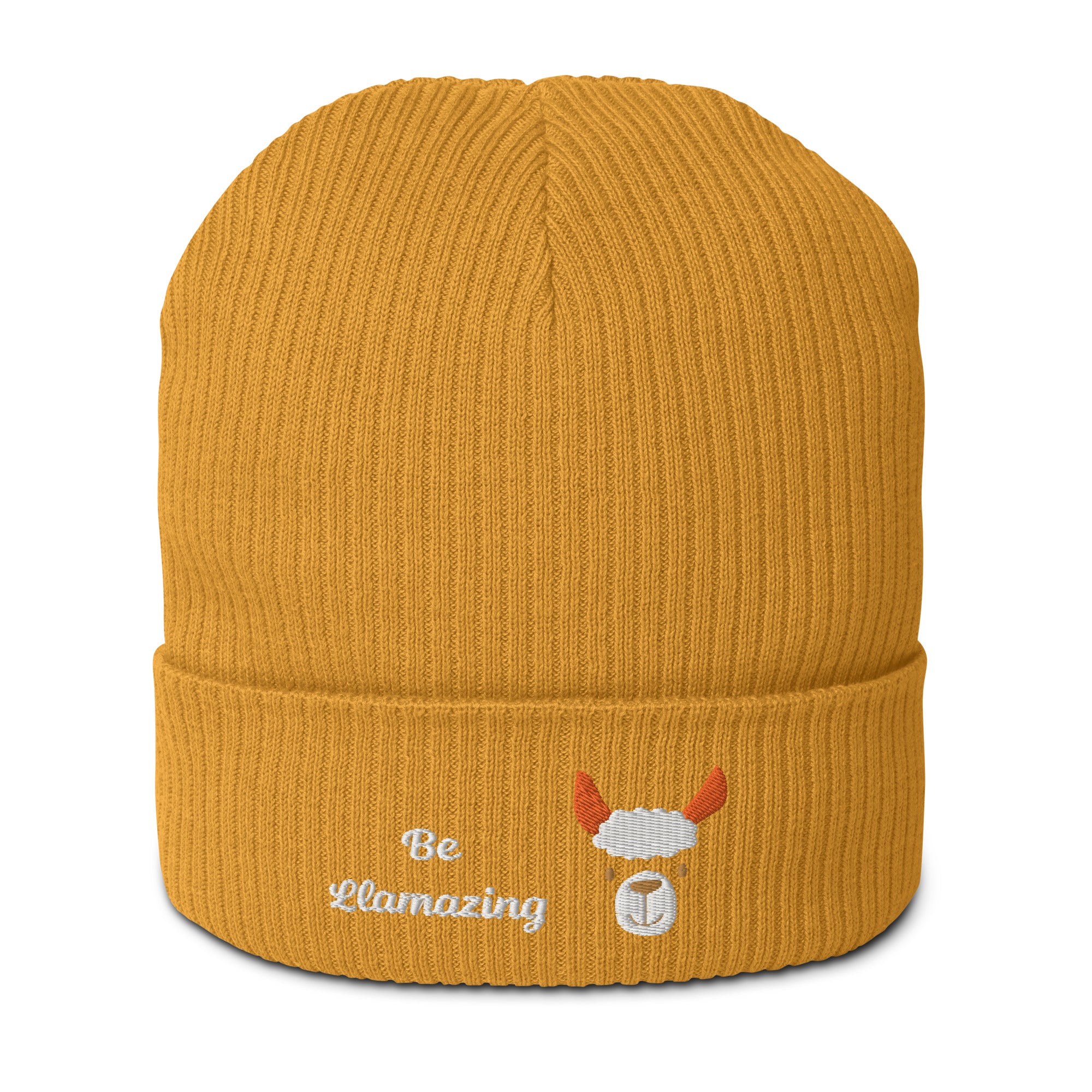 Cute llama embroidered organic ribbed beanie in soft cotton, featuring a cuffed design and personalized text options.