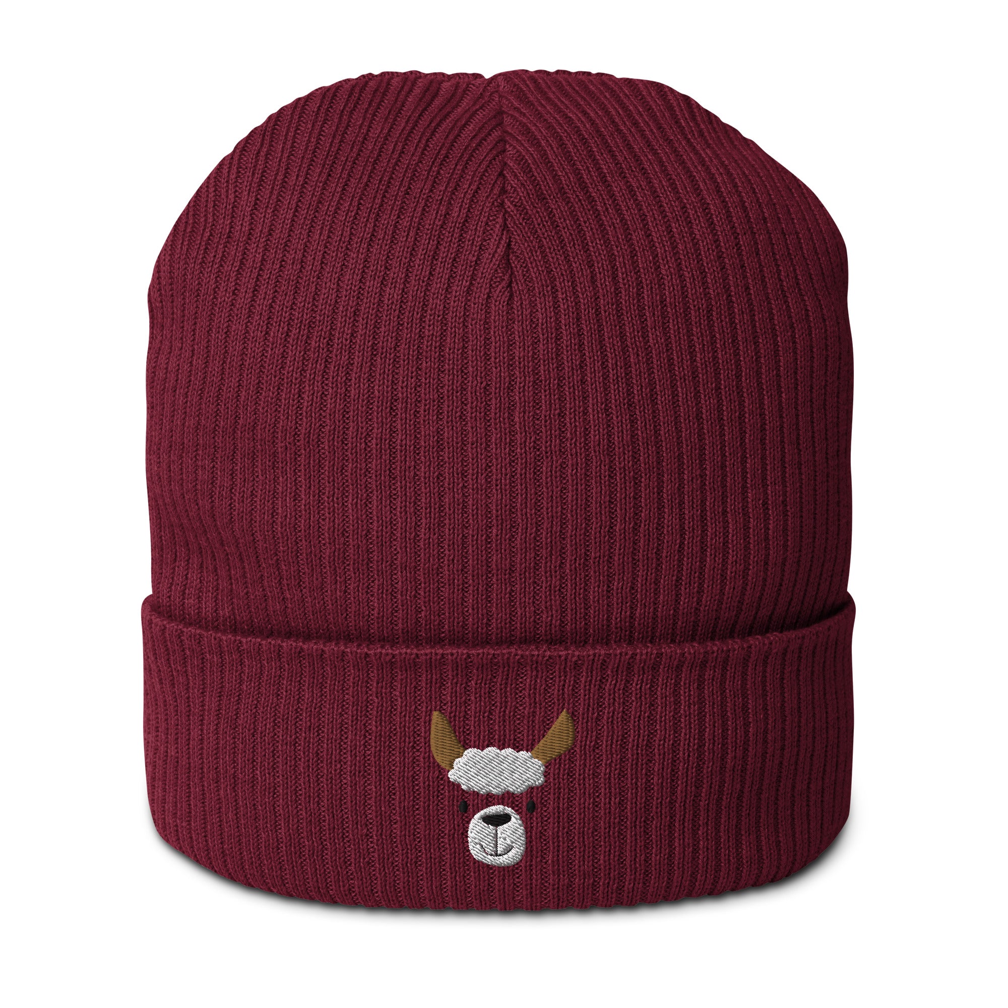 Cute llama embroidered organic ribbed beanie in soft cotton, featuring a cuffed design and personalized text options.