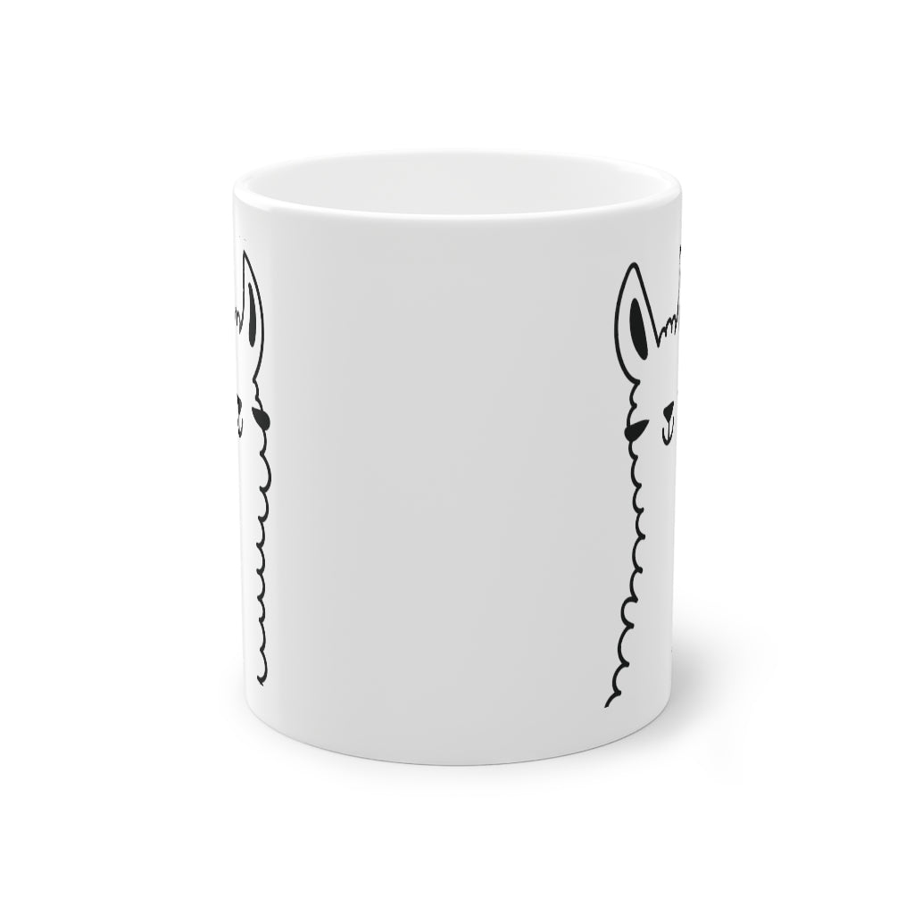 Cute llama funny mug with glossy finish, white ceramic, 325 ml capacity, featuring a whimsical llama print.