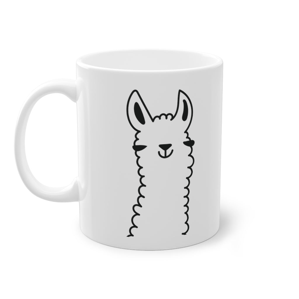 Cute llama funny mug with glossy finish, white ceramic, 325 ml capacity, featuring a whimsical llama print.