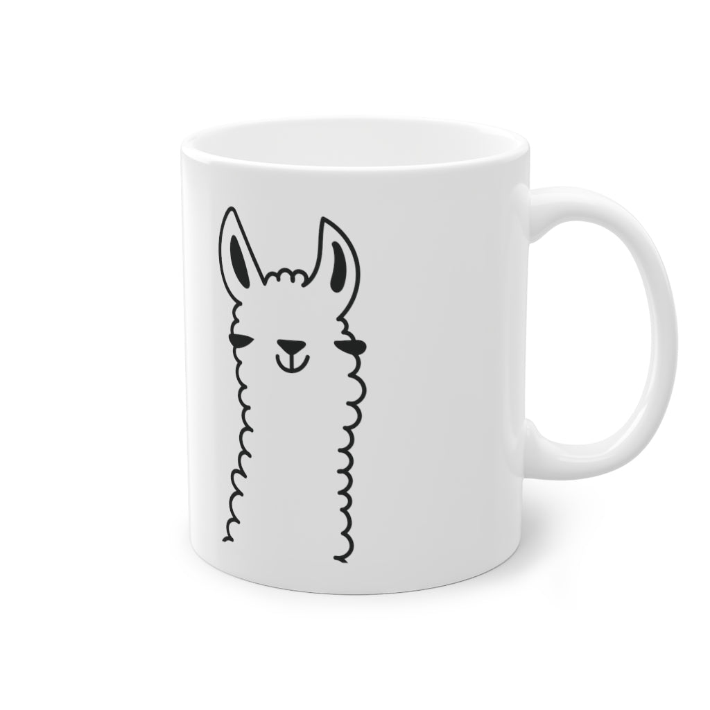 Cute llama funny mug with glossy finish, white ceramic, 325 ml capacity, featuring a whimsical llama print.