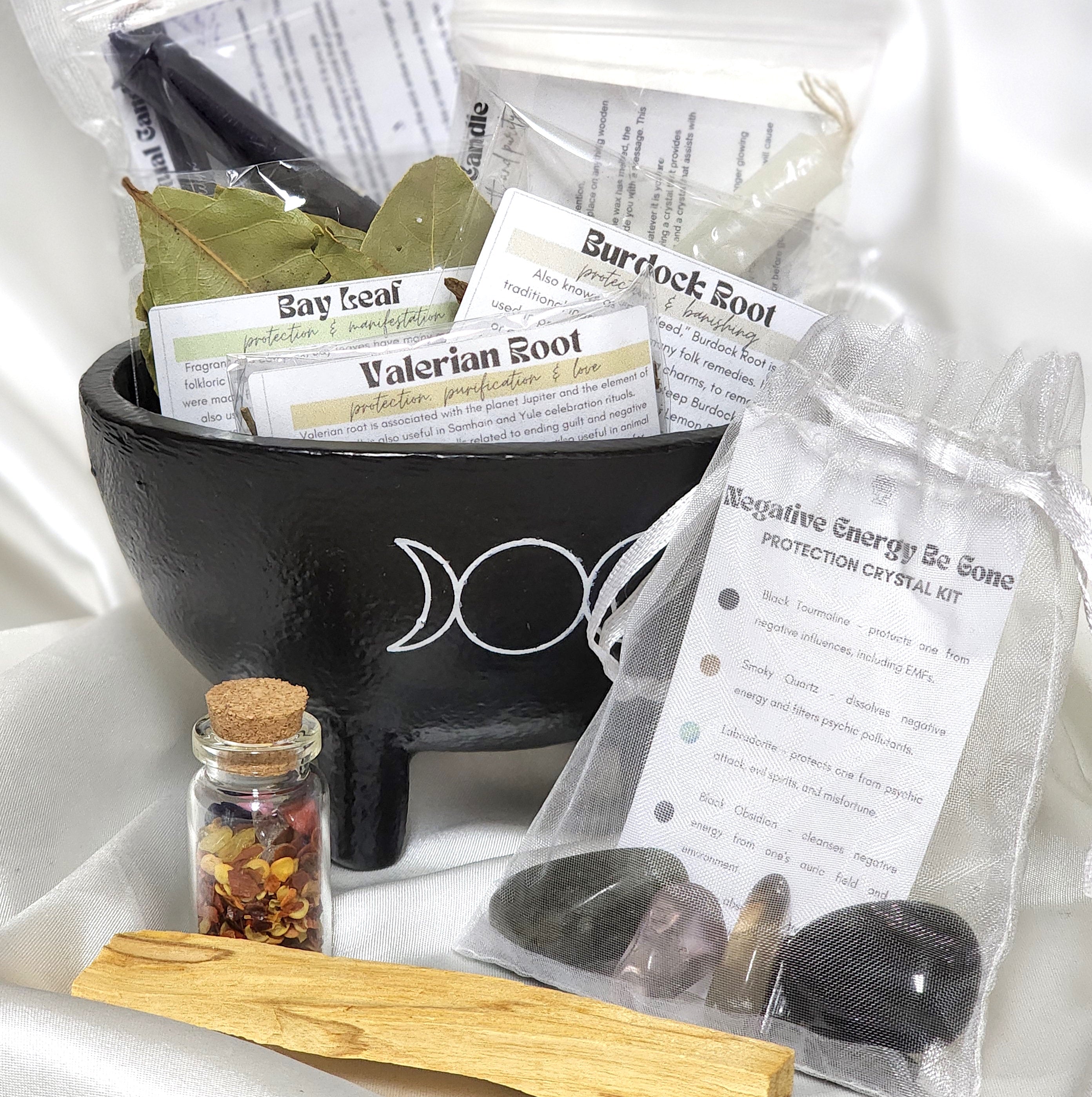 Cutting Ties Cord Cutting Ceremony Spell & Ritual Kit with crystals, candles, herbs, and Palo Santo for energy cleansing.