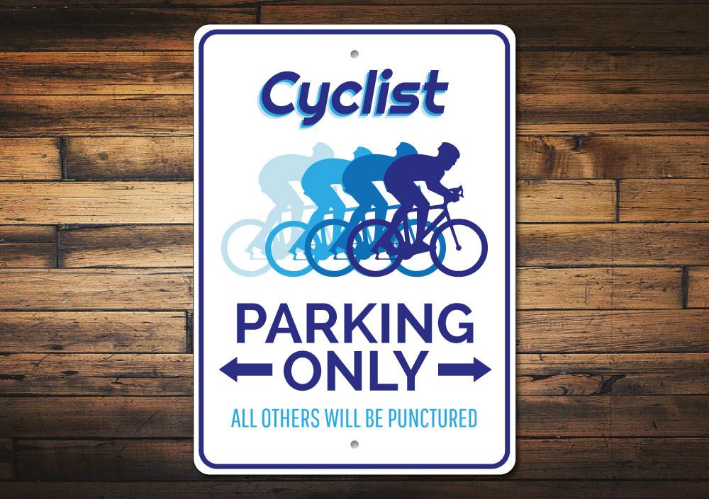 A vibrant Cyclist Parking Sign made of durable aluminum, featuring a bicycle graphic and customizable text options.