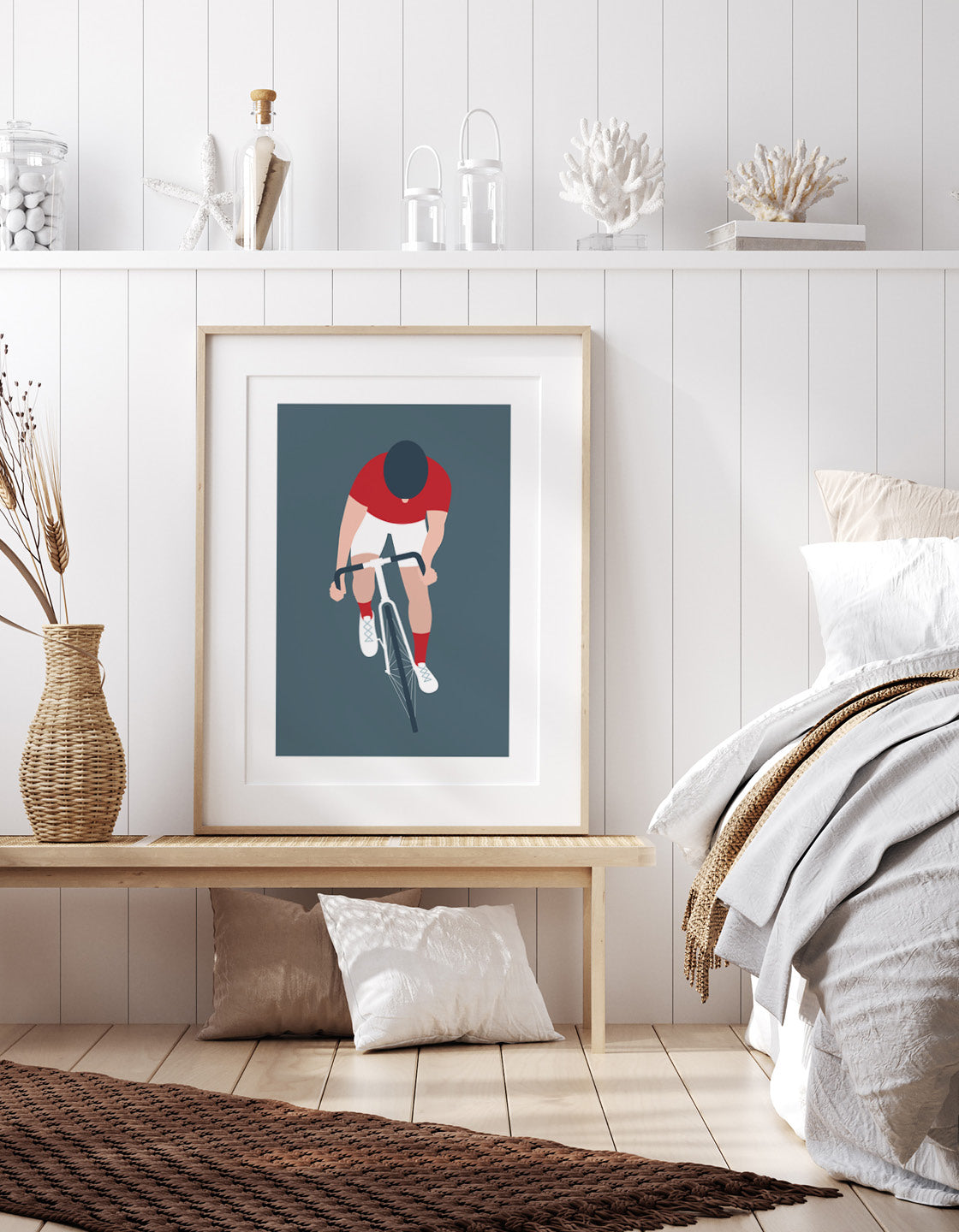 A modern minimal art print featuring a cyclist, perfect for home decor.