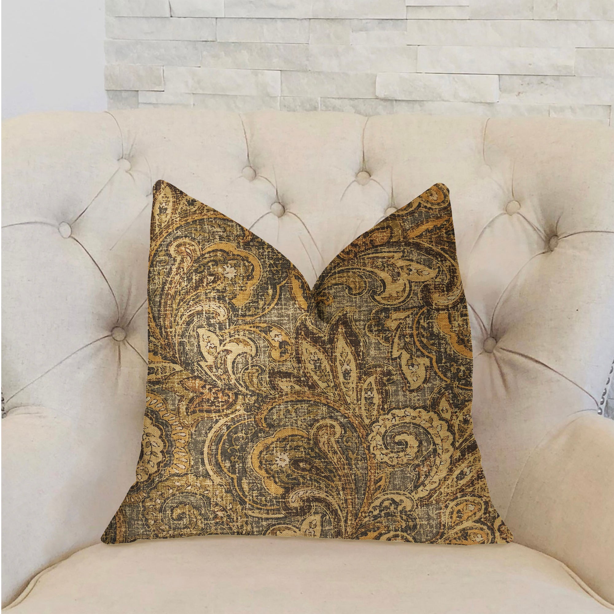Cypress Field Brown Luxury Throw Pillow featuring a damask pattern, handmade in the USA with a linen-rayon blend fabric.