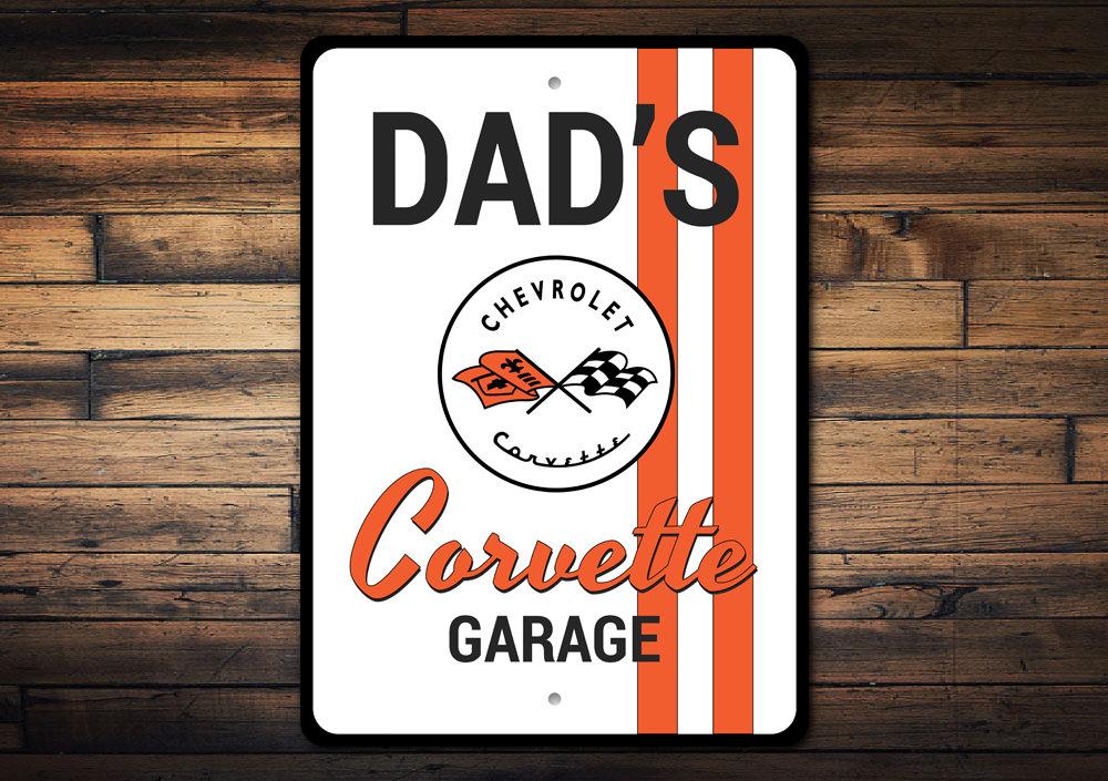 Dads Chevy Corvette Garage Sign featuring a classic Corvette design, made from high-quality aluminum, perfect for garage or man cave decor.