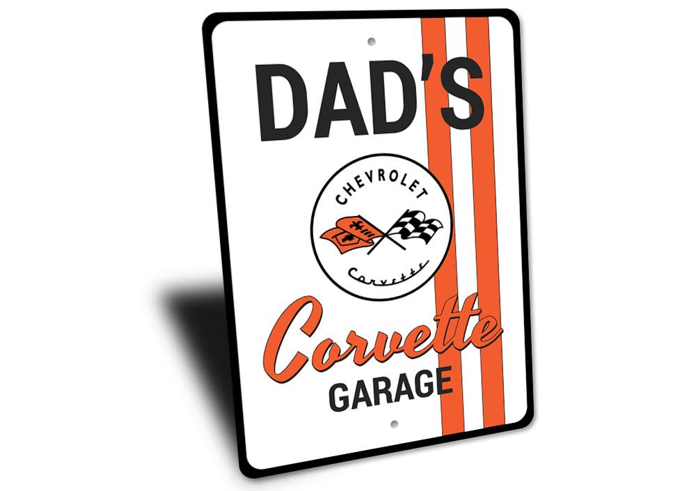 Dads Chevy Corvette Garage Sign featuring a classic Corvette design, made from high-quality aluminum, perfect for garage or man cave decor.
