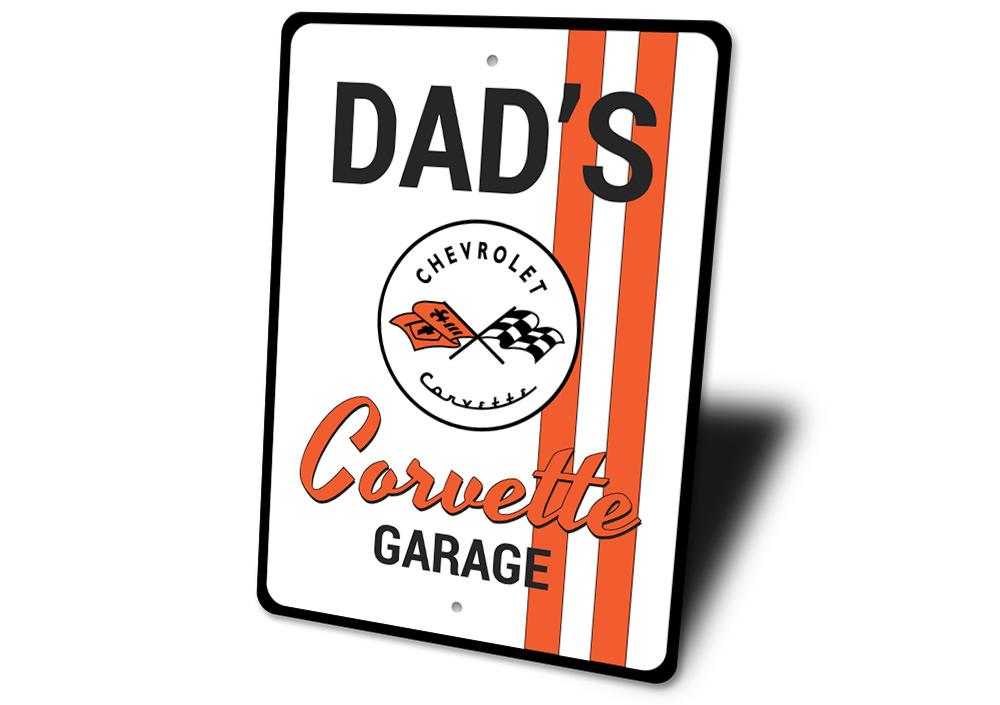 Dads Chevy Corvette Garage Sign featuring a classic Corvette design, made from high-quality aluminum, perfect for garage or man cave decor.