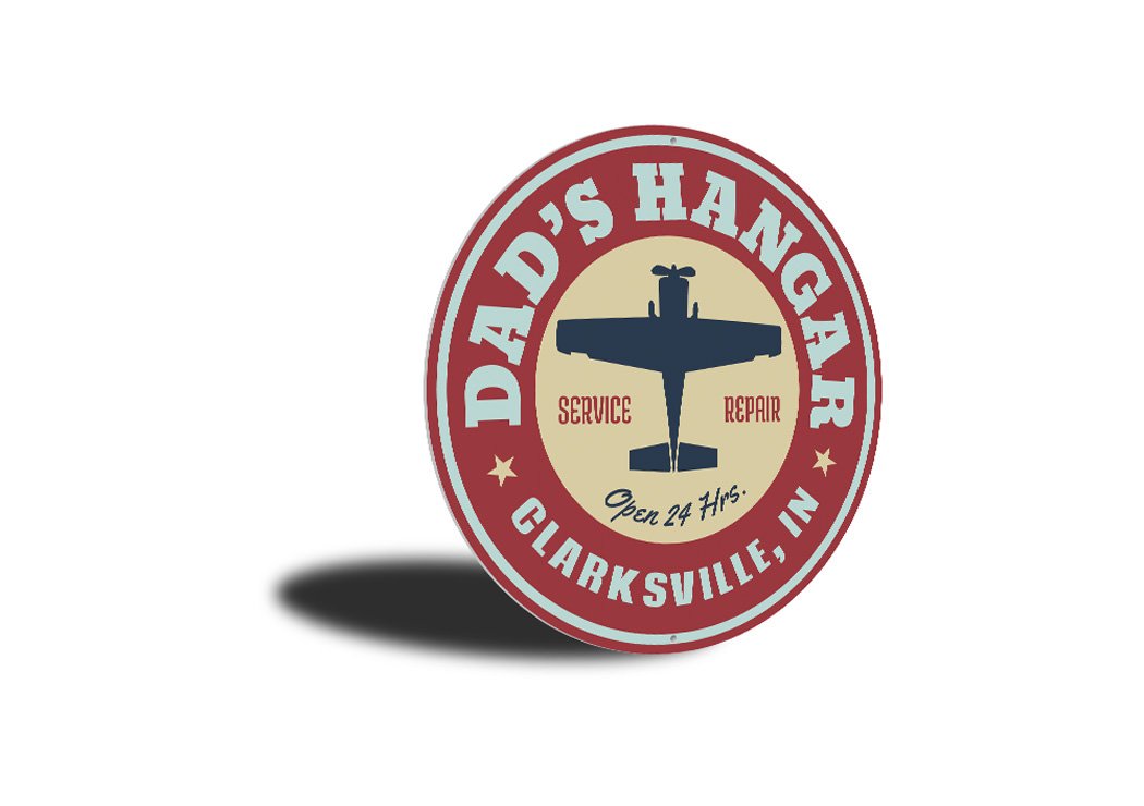 Dad's Hangar City State Sign made of durable aluminum, featuring customizable text and pre-drilled holes for easy mounting.